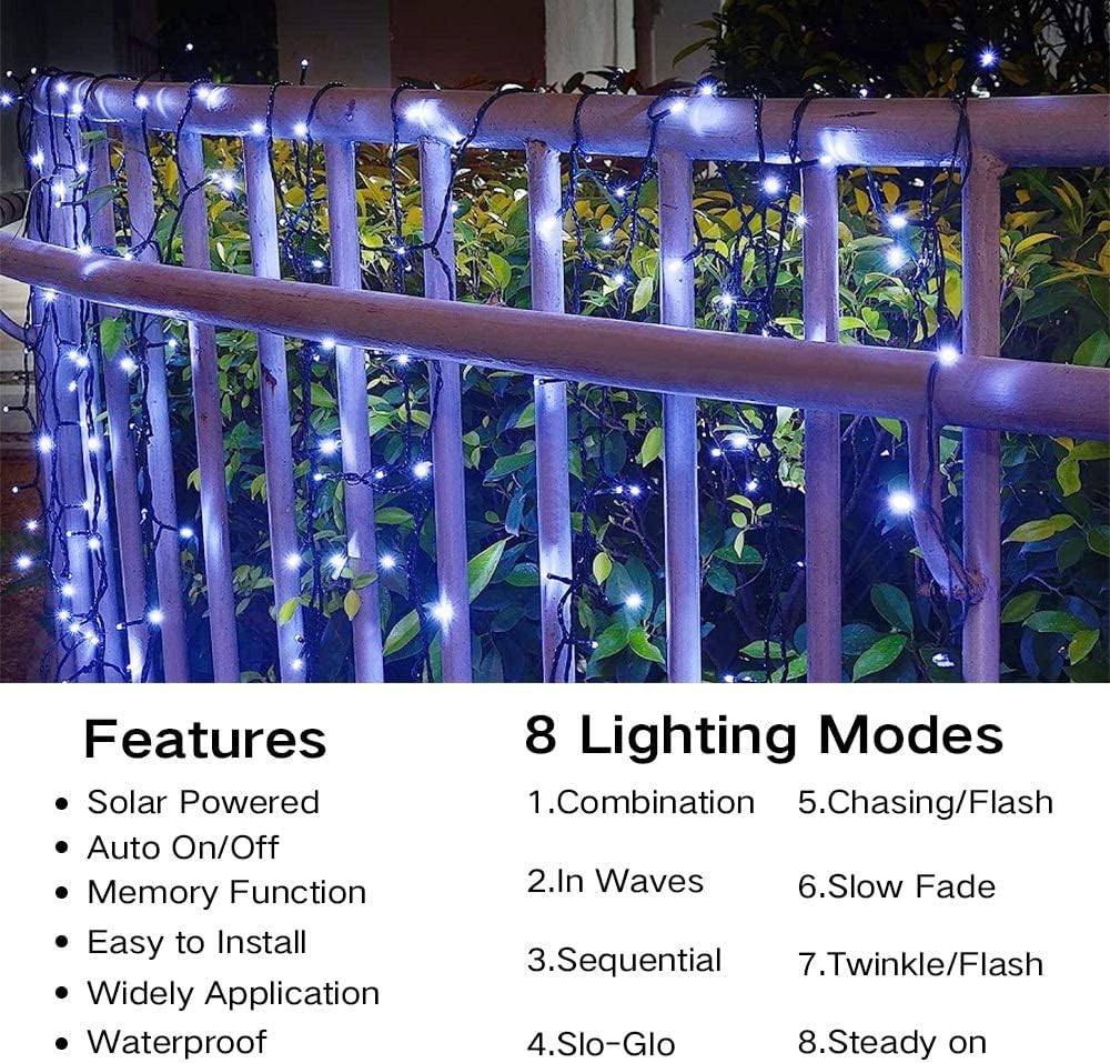 White Christmas Solar String Lights 72Ft 200 LED 8 Flashing Modes with Timer Solar Fairy Lights Outdoor Waterproof Twinkle Lights for Decoration Christmas Tree Shrubs Garden Yard Patio