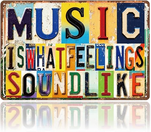 WADORN Letrero de metal vintage inspirador con música, 8 x 12 pulgadas, con texto en inglés "Music Is What Feelings Sound Like Retro", divertido