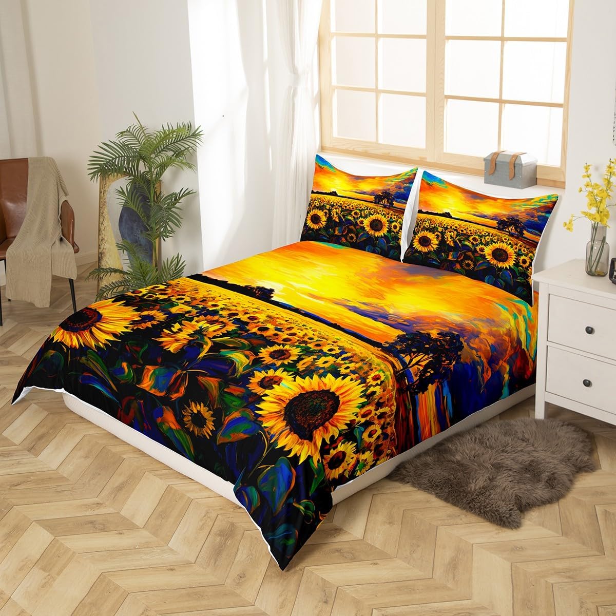 Feelyou Sunflowers Duvet Cover Full Size Floral Print Comforter Cover Yellow Flowers Pattern Bedding Set Sunflowers Oil Painting Quilt Cover for Adults and Teens Microfiber