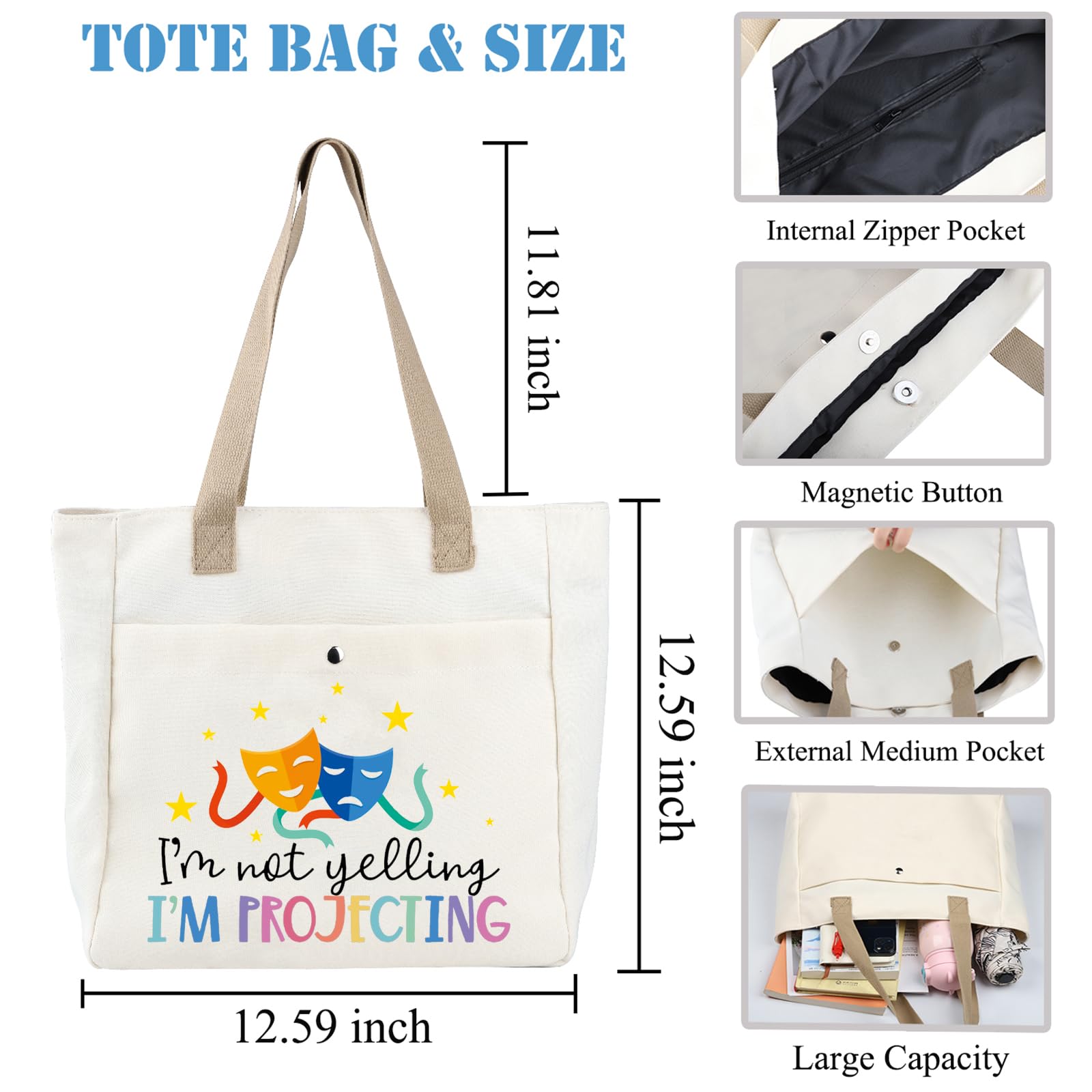 PLITI Theatre Tote Bag Drama Actor Actress Gift I'm Not Yelling I'm Projecting For Broadway Musical Gift Drama Theater Gift (Yelling Projecting TBU) - Image 2