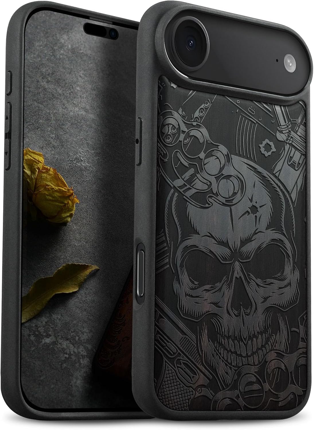 Carveit Magnetic Wooden Case for iPhone Air Case, Wood Artisan Engraved & Soft TPU Shockproof Cover, Compatible with MagSafe 17 Air Wireless Chargers (Grunge Style Skull Pattern) Walnut