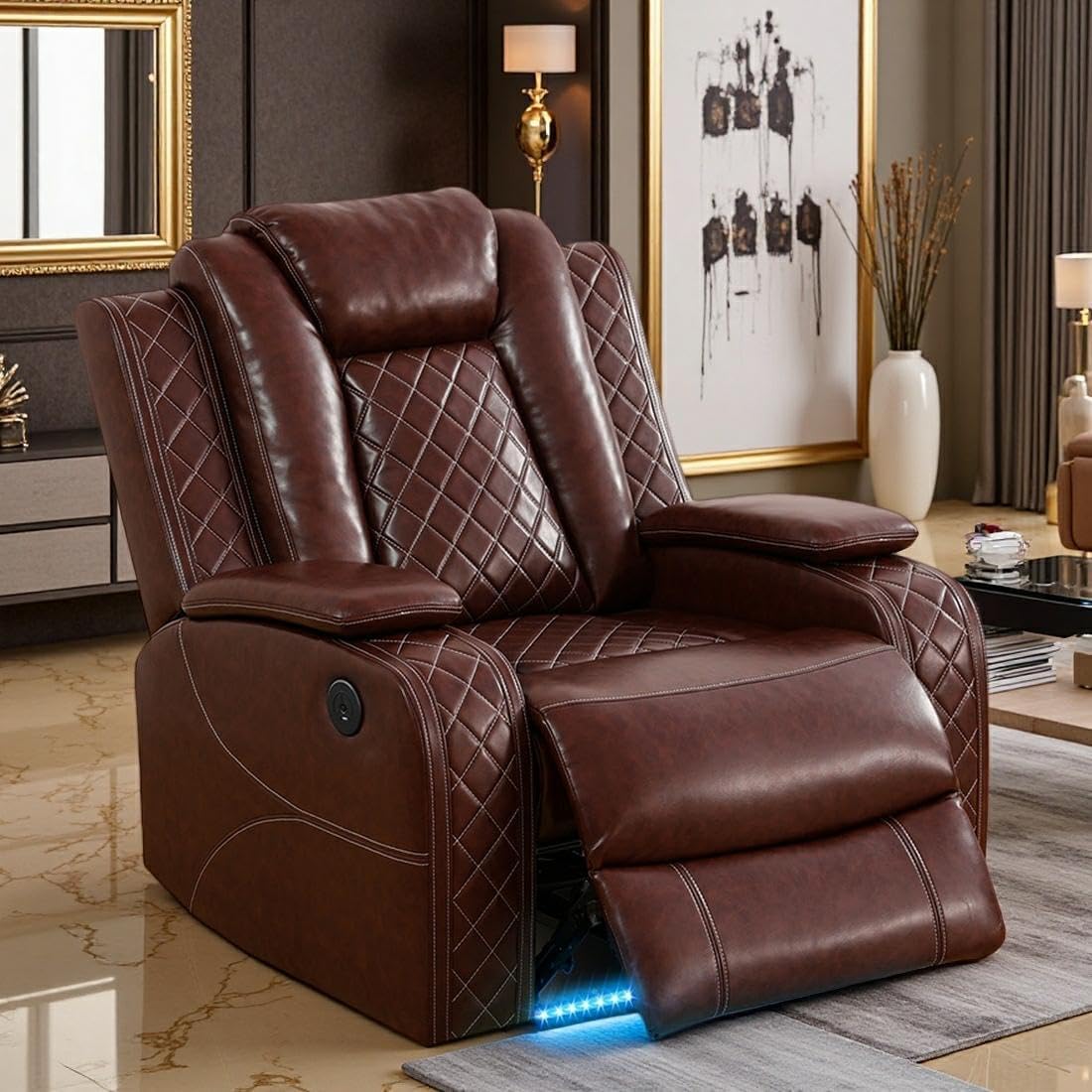 Power Leather Recliner Chair Set with LED Light, Brown Leather Reclining Set, Living Room Furniture Sets, Modern Power Recliner Sets for Living Room/RV/Apartment