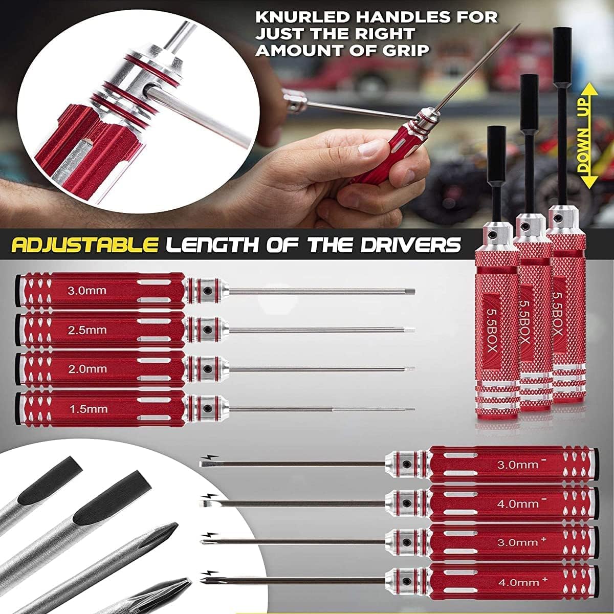 RC Car Tool Kit with Screwdriver Set and Pliers Wrench Body Reamer Screw Shock Bearing Disassembly Hobby Tools Kit for RC Car Drone Helicopter red