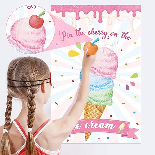 Miniatura 3 de Hooqict Pin The Cherry On The Ice Cream Game Juegos de fiesta de cumpleaños para niños, decoración de fiesta temática de helado, suministros para