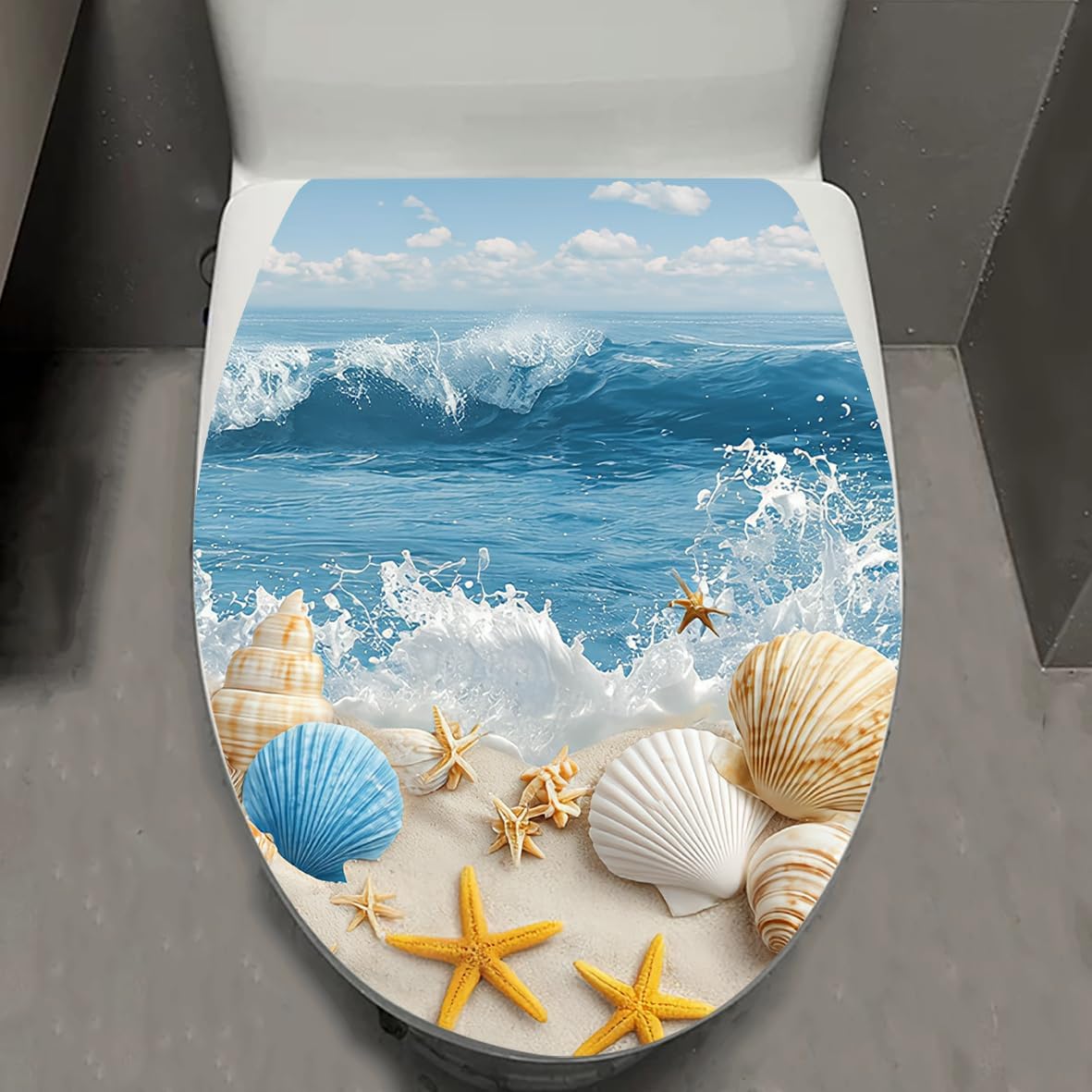 1pc Flower Toilet Cover Sticker, Green Leaf Floral Butterfly Waterproof Toilet Lid Tank Seat Decals, Removable Bathroom Cistern Decor WC Restroom Wall Mural (Beach - 1)