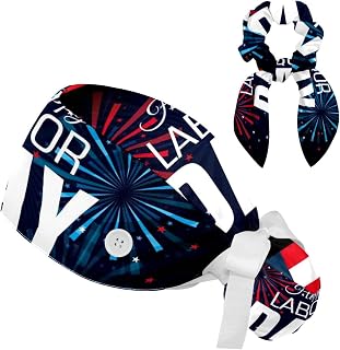 FVQL Set of 2 Bouffant Caps with Hairband Surgical Caps Scrub Cap, Labor Day and Firework