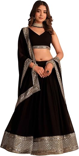 Zeel Clothing Women's Georgette Semi-Stitched Lehenga Choli Black Wedding Girlish Latest Free Size