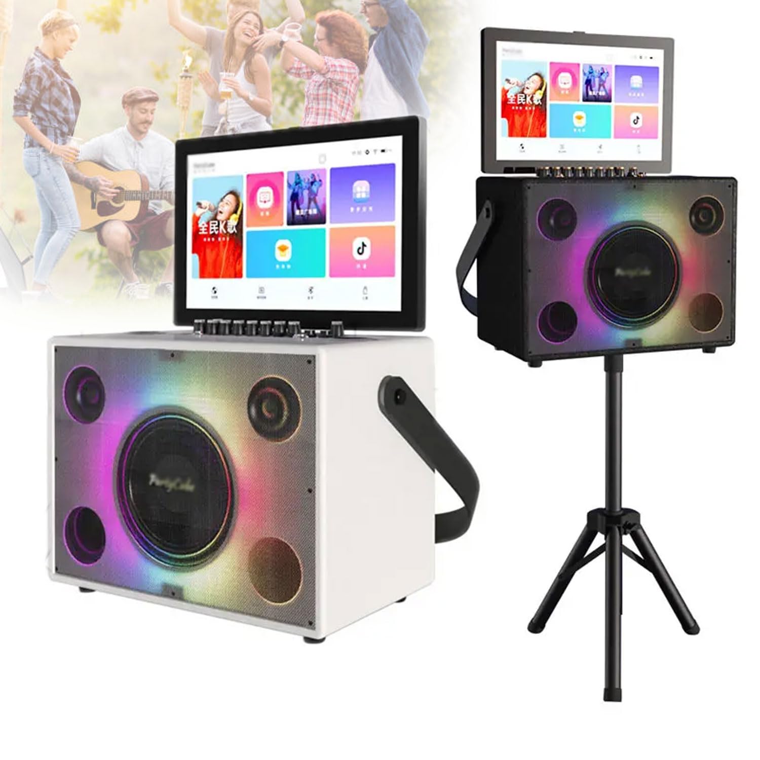 Máquina de Karaoke portátil con Bluetooth, minimáquina KTV Profesional con Tableta táctil de 14", 2 micrófonos inalámbricos, Altavoz LED de Color Plegable (Blanco)