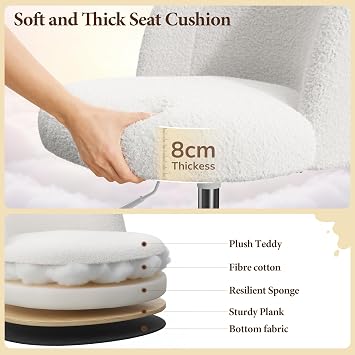 Vanity Chair, Swivel Desk Office Chair, U-Shaped Back Support, Height Adjustable, Teddy Fleece, Armless Foam Padded, for Home Office, Living Room, Bedroom, Cream White