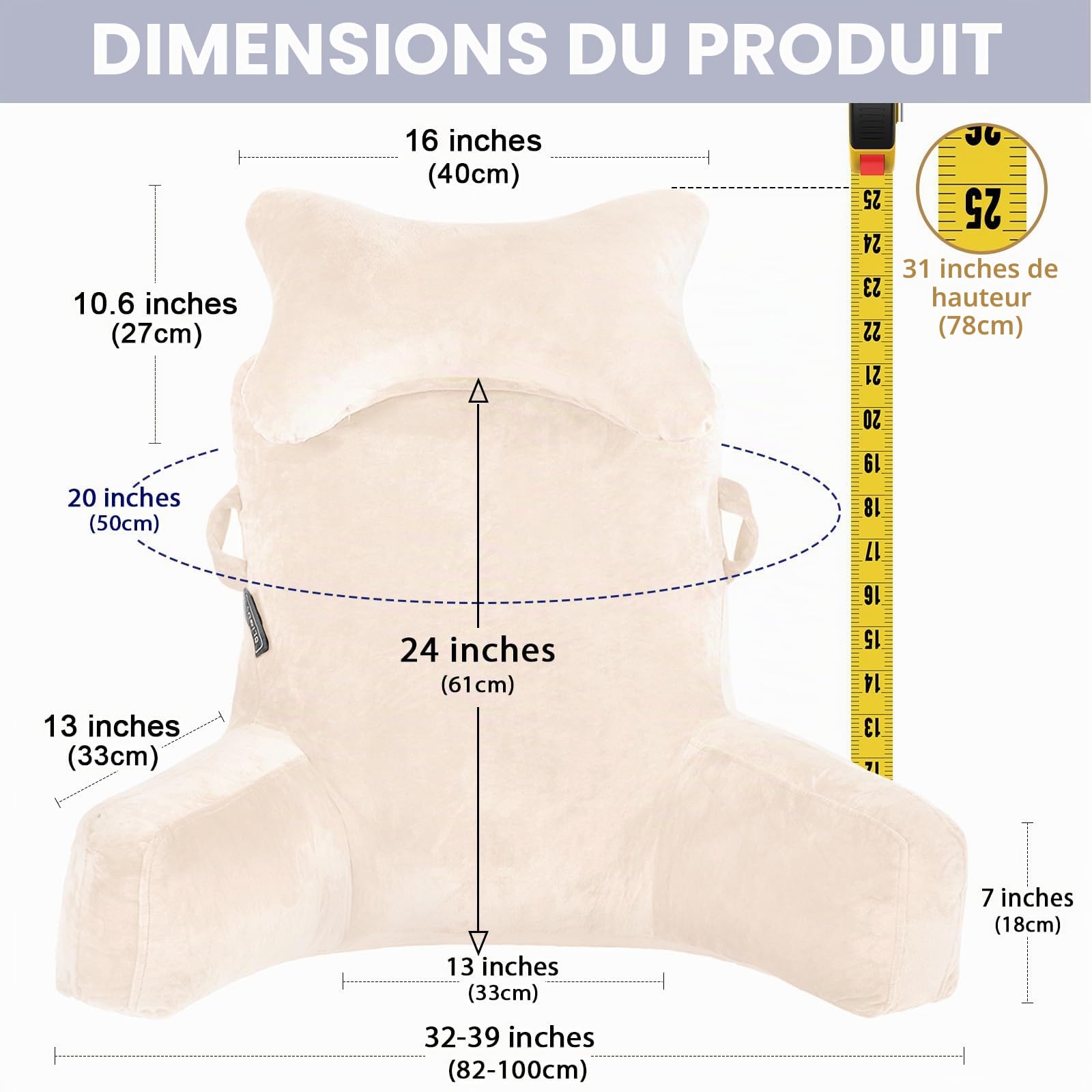 SLIGUY Oreiller de Lecture Extra Large de 78,7 cm Coussin de Repos avec Rouleau de Cou Amovible et Accoudoirs pour S'asseoir dans Le lit ou Le Dossier du Canapé Coussin de Lecture pour Lire, Beige