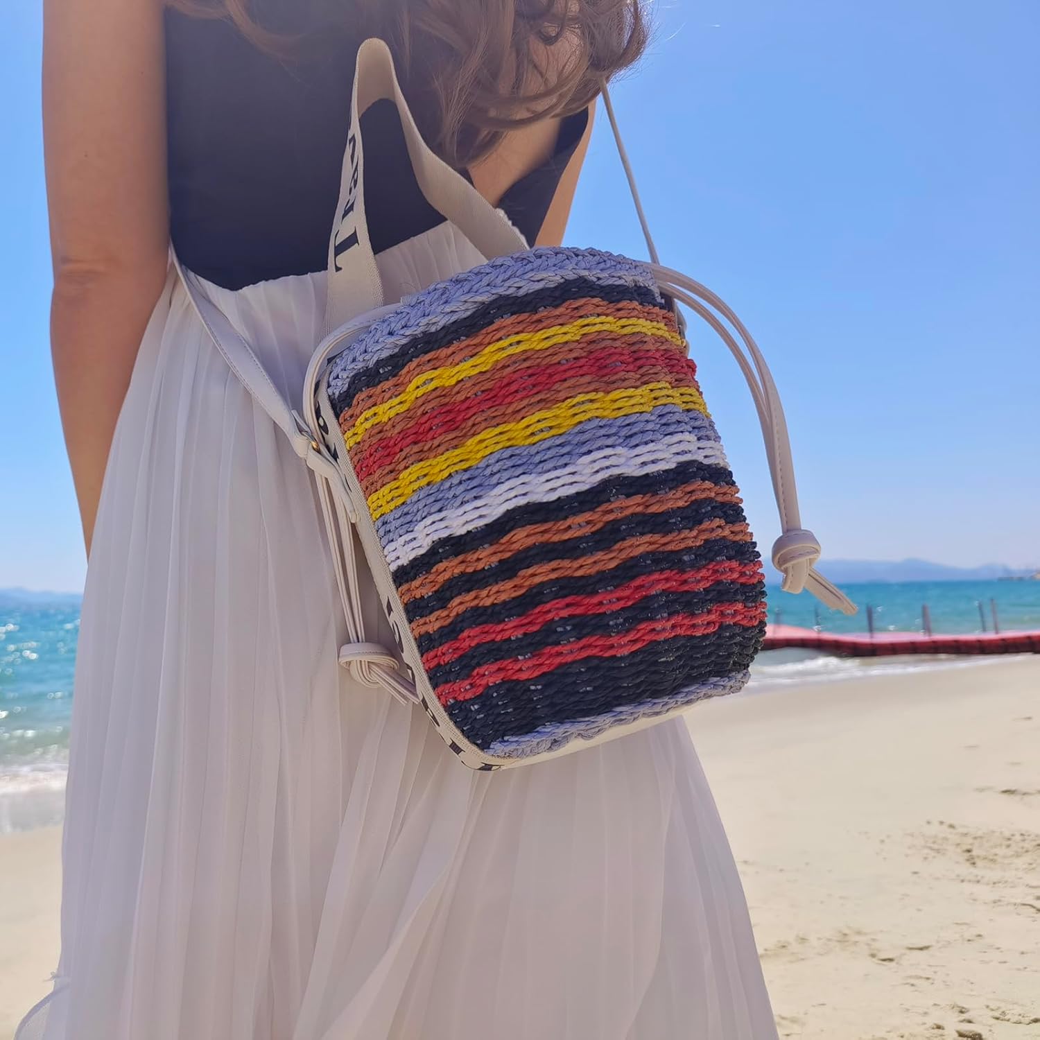 JBRUN Pearl Flower Straw Woven Tote Bag Summer Beach Rattan Handle Bucket Bag Straw Purses and Handbags for Women - Image 3