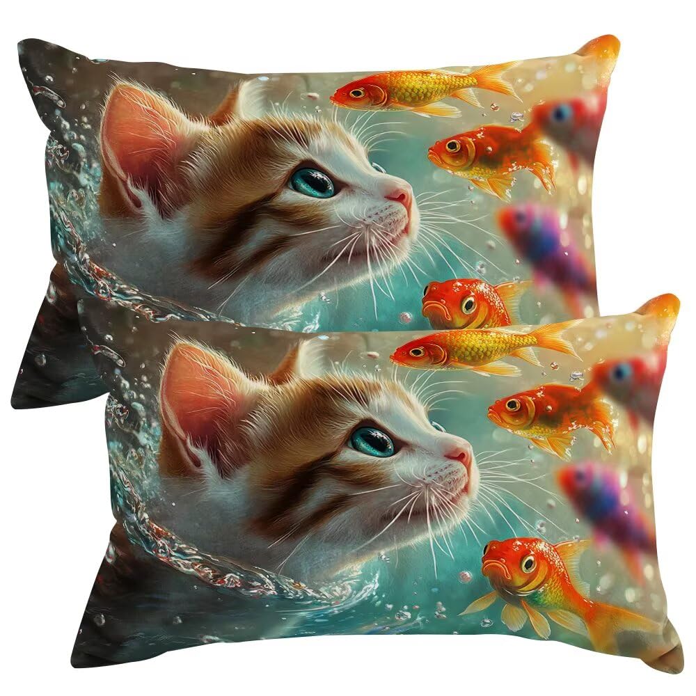 Set of 2 Velvet Cushion Covers 30x50 cm Koi Cushions Covers Decorative Throw Pillow Case Kitten Sofa Pillows 12x20 Inch Rectangle Cushion Cover with Invisible Zipper for Livingroom Bedroom -SC379