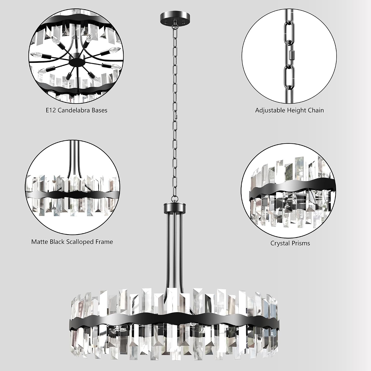 Maxax 31 Inch Modern Crystal Chandelier, Matte Black Wavy Frame Hanging Ceiling Light Fixture, Elegant Round Pendant Lighting for Dining Room Living Room Foyer