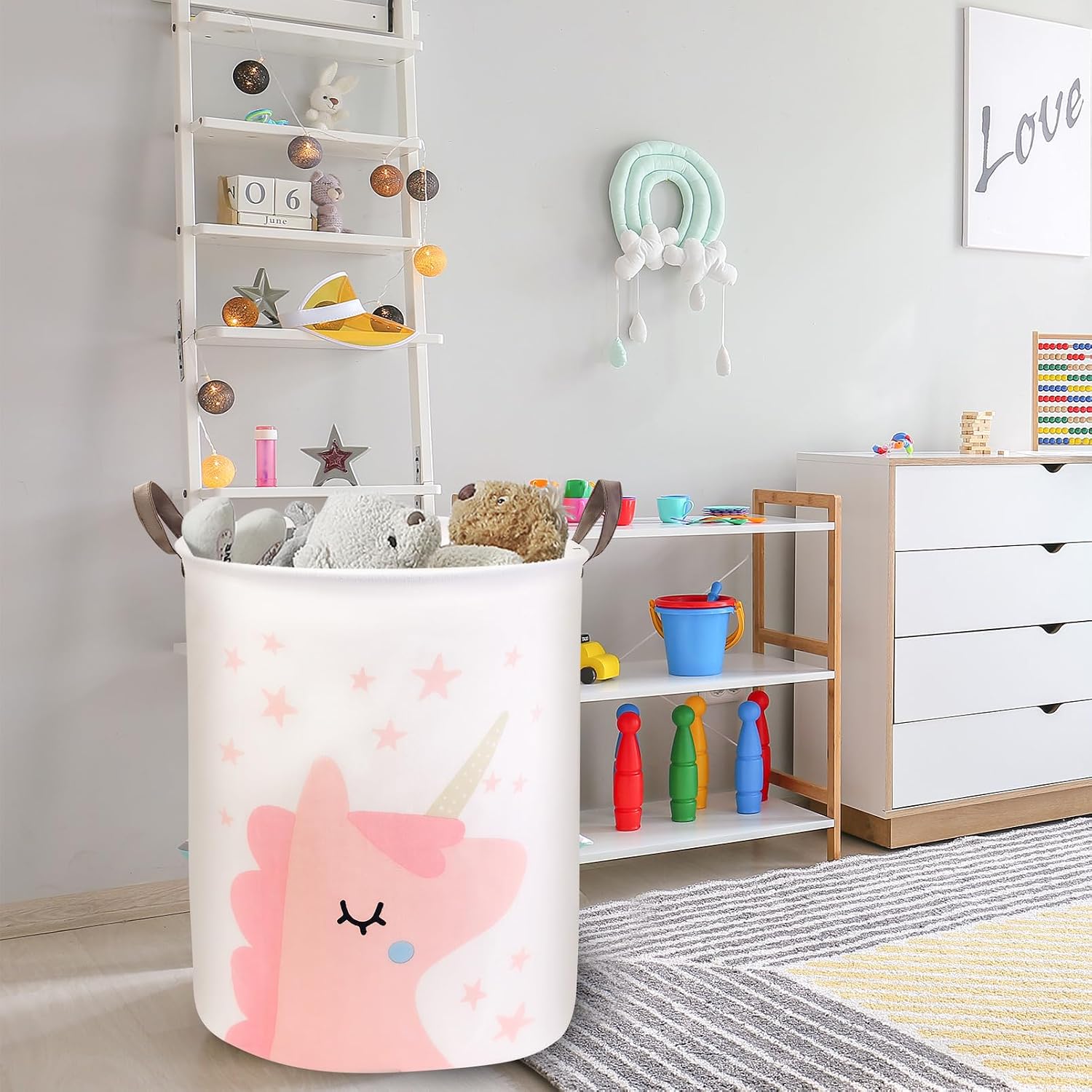 Mziart Kids Laundry Basket for Girls Boys, Cute Baby Laundry Hamper Waterproof Collapsible Large Storage Basket Nursery Toy Bin Home Decor Gift Baskets for Bathroom Bedroom 19.7 Inch (Pink Unicorn)