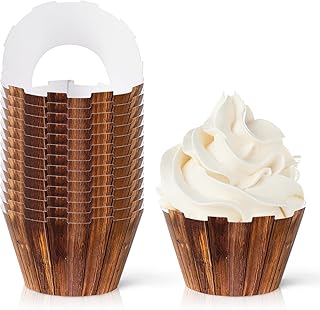 Whaline 36Pcs Wood Grain Cupcake Wrappers Brown Wood Cupcake Liners Decorative Cupcake Holders for Party Cake Dessert Decoration