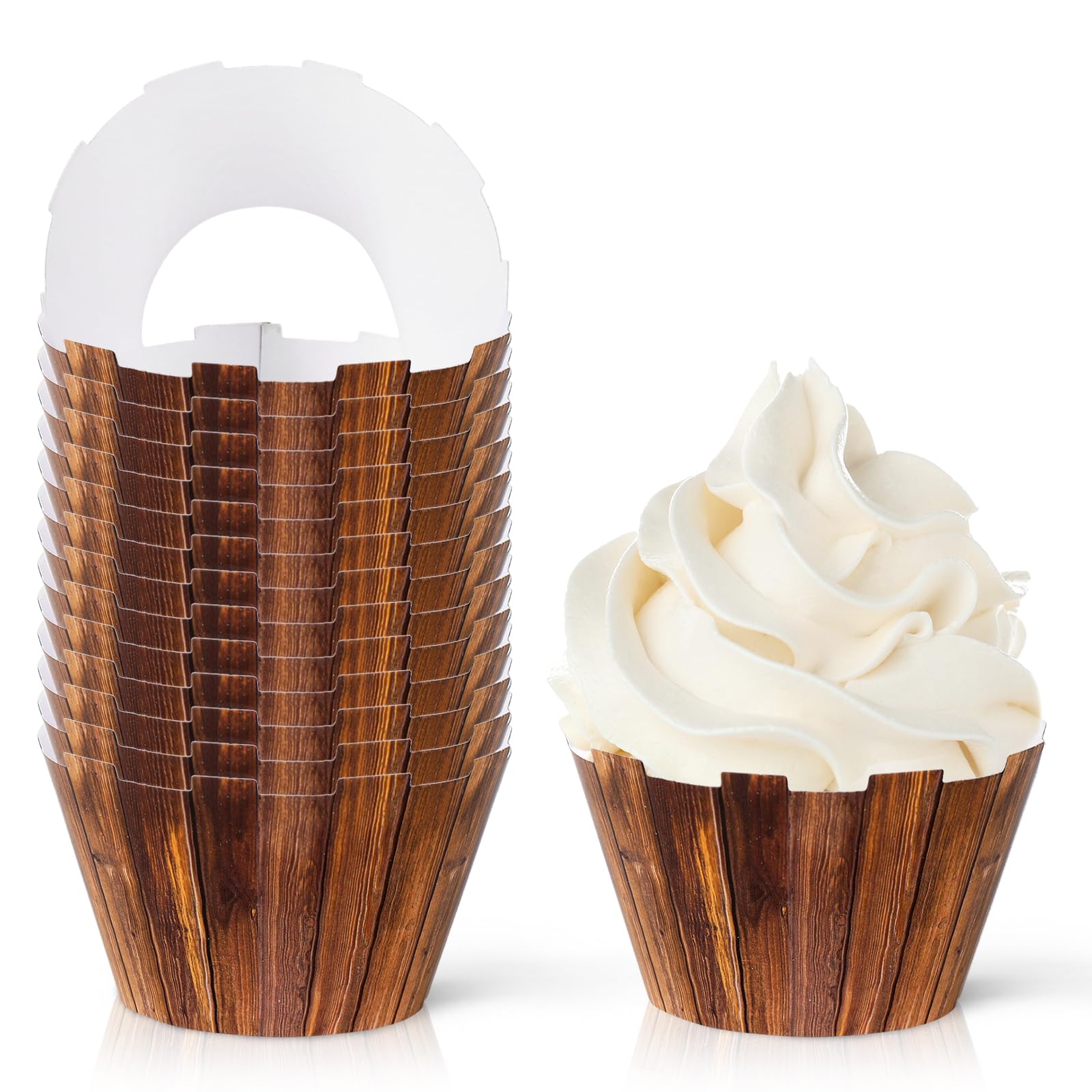 Whaline 36Pcs Wood Grain Cupcake Wrappers Brown Wood Cupcake Liners Decorative Cupcake Holders for Party Cake Dessert Decoration