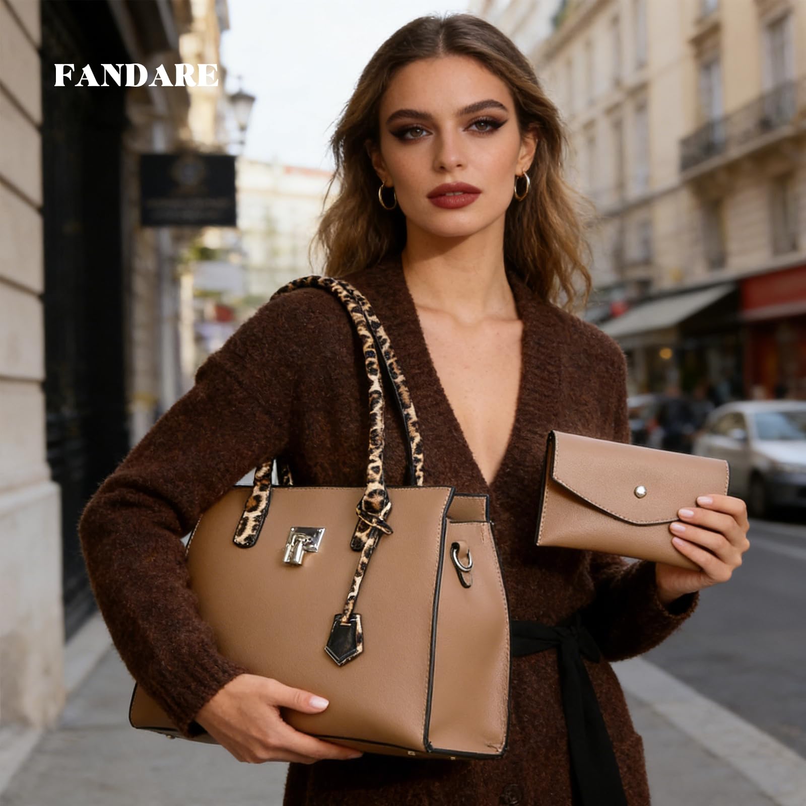 FANDARE 3 pezzi Set Elegante Borsa a Mano Donna PU Pelle Borse tracolla Spalla Leopardato Retrò Borse Tote Pochette Portafoglio Borsa Messenger per Shopping Viaggio Partito Sacchetto Borsetta