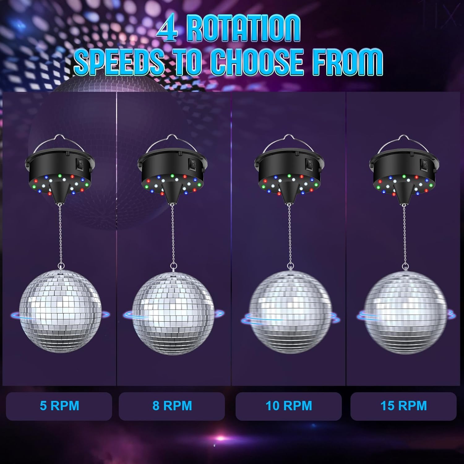 TRESSON Disco Ball with Motor and Light, 5/8/10/15 RPM Adjustable Speed Rotating Motor with 6 Inch Hanging Mirror Ball, 4 Light Colors and 18 LEDs for DJ Club, Theme Party