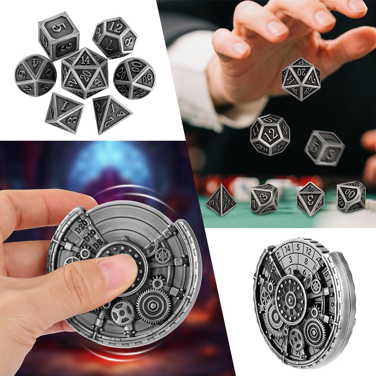 Set di Roulette Dadi in Metallo D&D, 6-in-1 Dado Ingranaggio Spinner + 7 Dadi Poliedrici in Metallo DND, Regalo D&D con Scatola Regalo, Giochi da Tavolo, Accessori per Giochi di Ruolo, Argento Scuro
