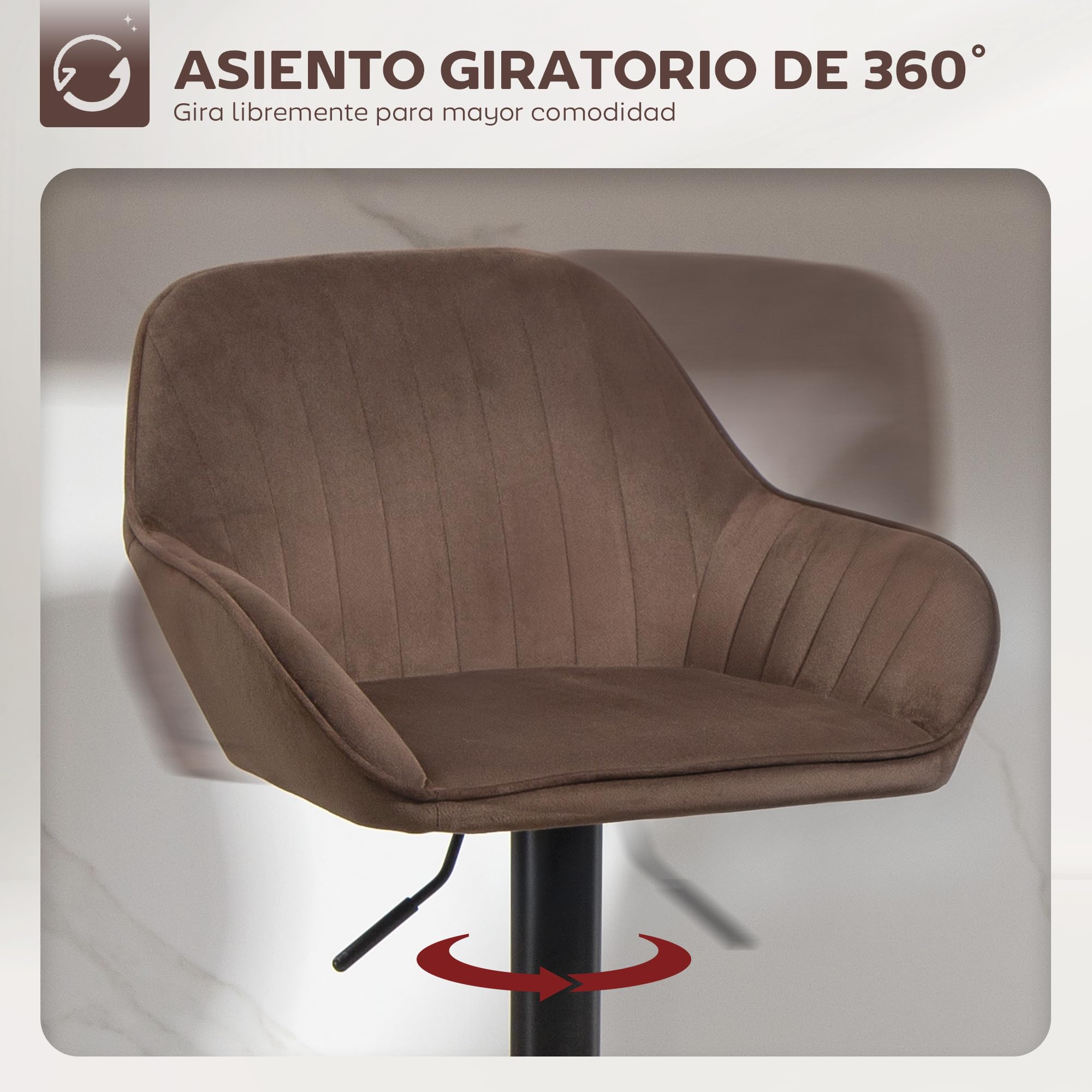 HOMCOM Juego de 2 Taburetes de Bar Giratorios Respaldo Marrón | Taburetes Altos de Cocina, Altura Ajustable 62-83 cm, Sillas Altas de Cocina, Tapizada en Terciopelo, Reposapiés