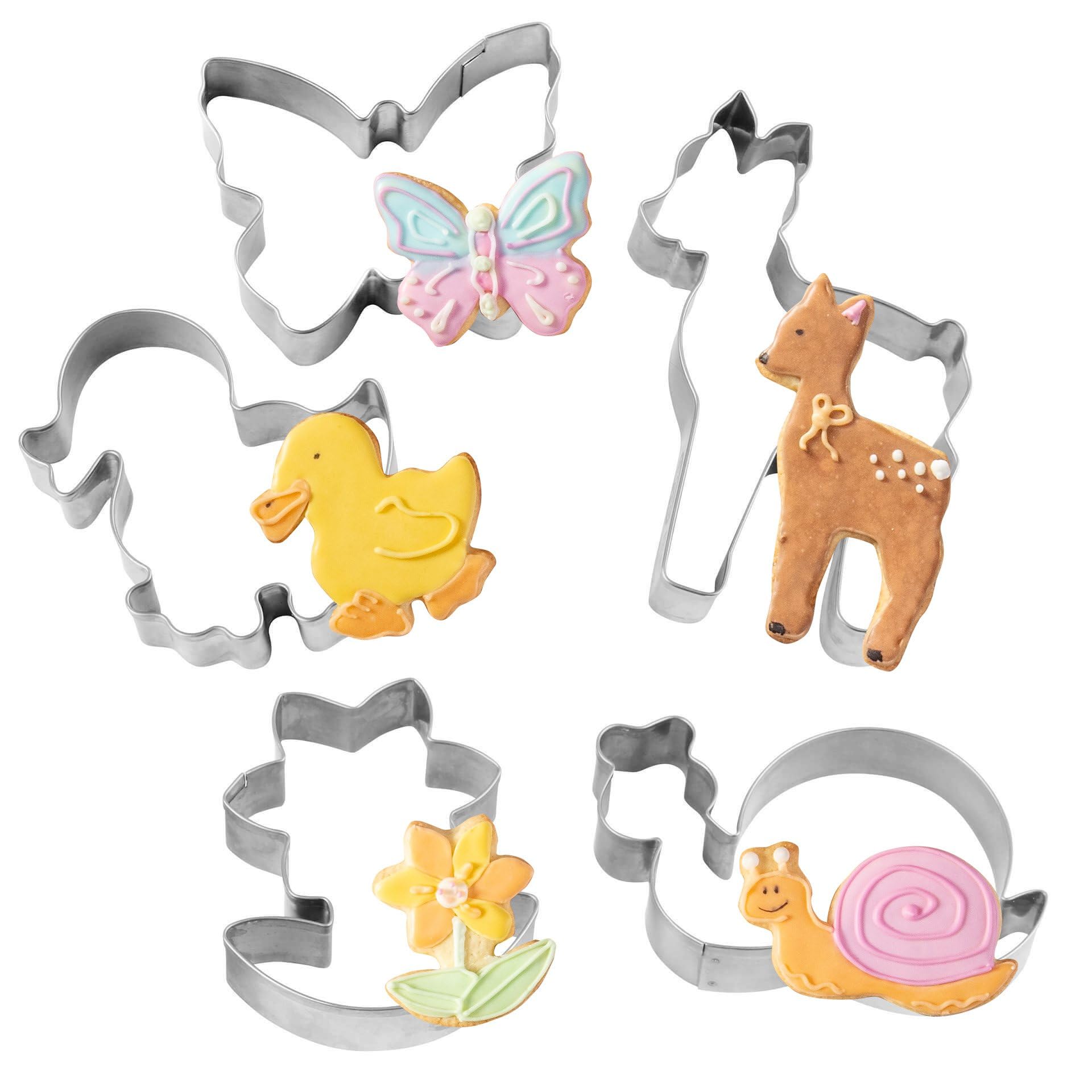 Dr. Oetker Woodland Magic Cookie Cutters - 5 Piece Set Stainless Steel for Easter, Snail, Fawn, Duck, Butterfly and Flower, Dishwasher Safe, Silver