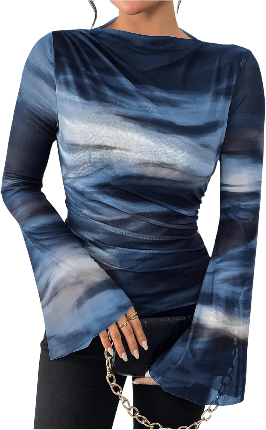 Floerns Women's Tie Dye Bell Sleeve Elegant Tops Mesh Dressy Pleated Flare Sleeve Tops