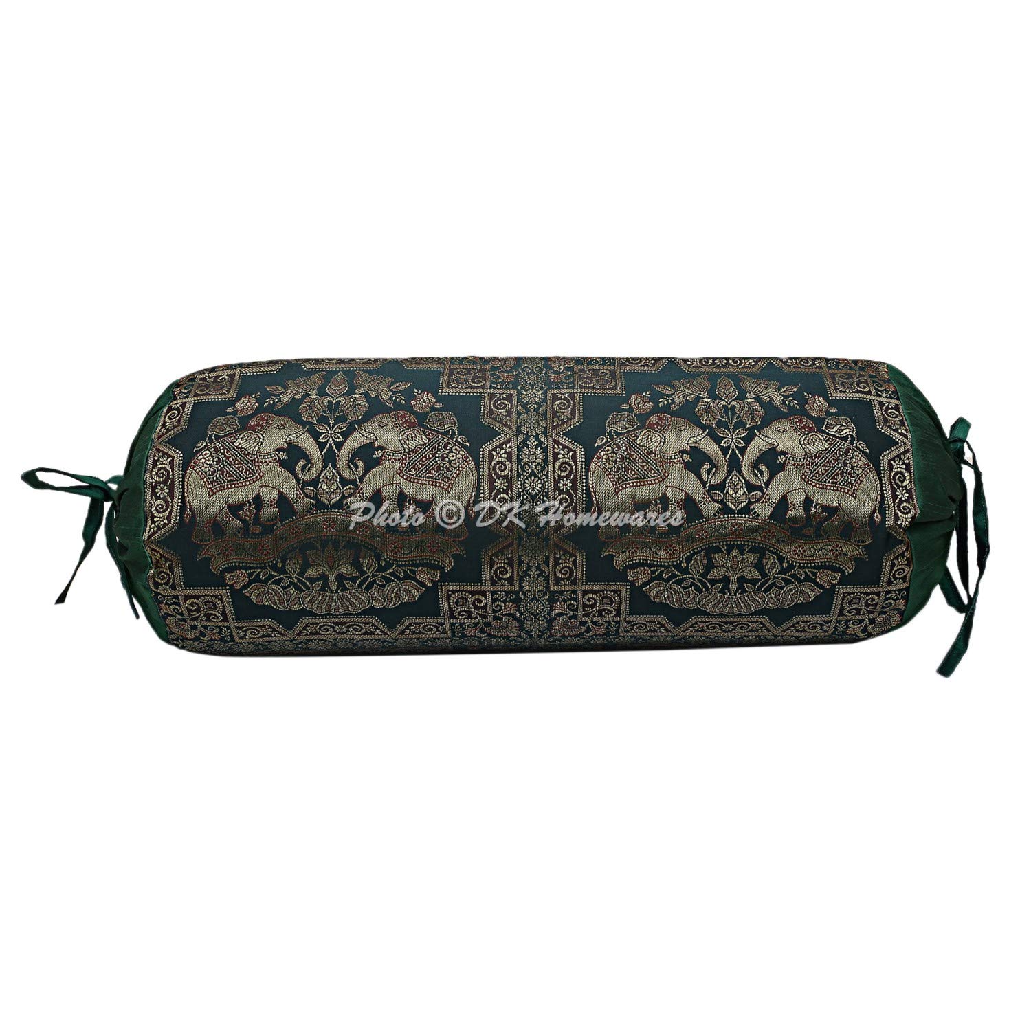 DK Homewares Cilindro Decorativo in Broccato di Seta Polydupion Fodere per Cuscino Diwan Cuscino per Elefante Verde Scuro 76x38 cm Fodere per Cuscini Tradizionali in Tessuto Jacquard - (Set di 2