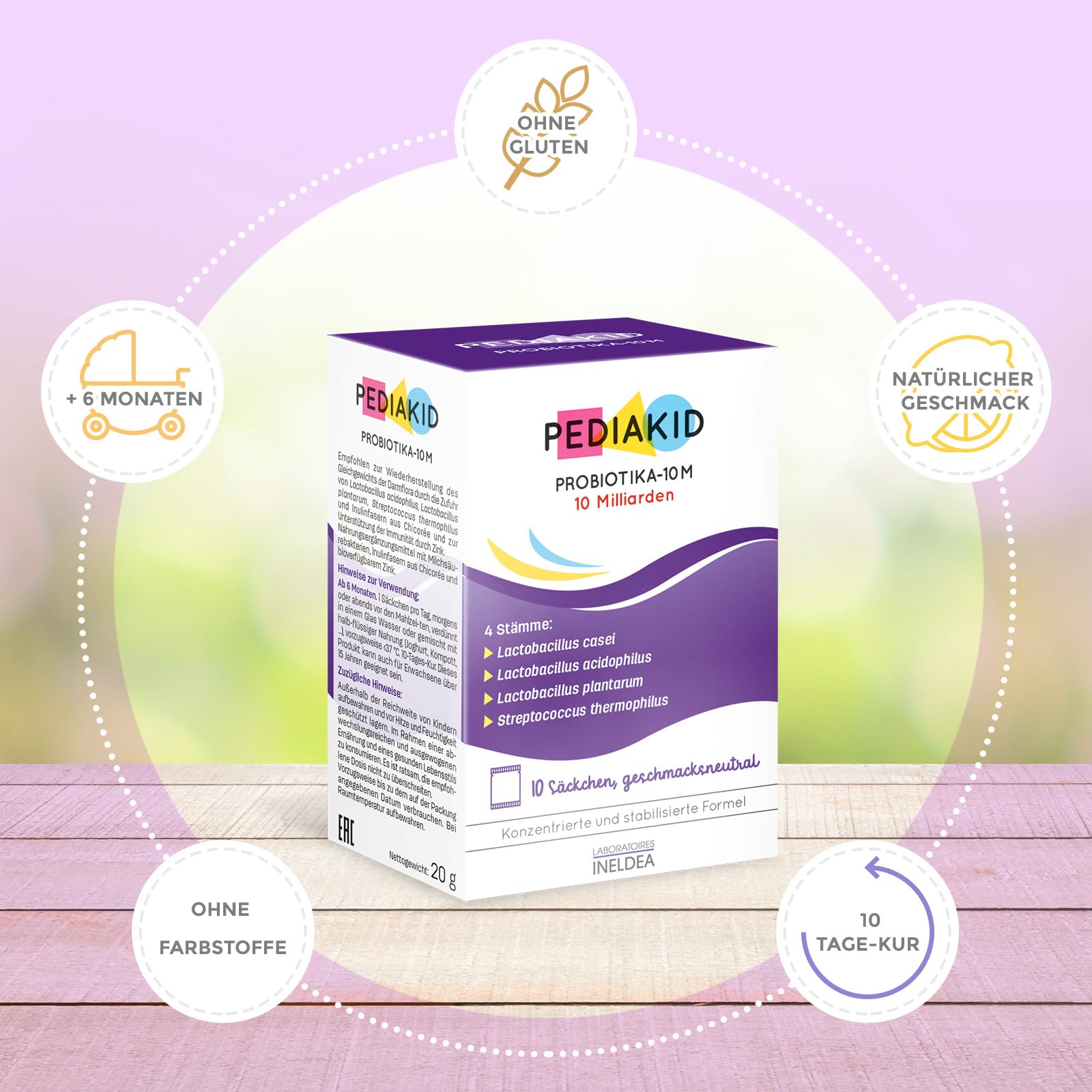 PEDIAKID - PROBIOTIKA-10M - Nahrungsergänzungsmittel mit Milchsäurebakterien, Inulinfasern aus Chicorée und bioverfügbarem Zink. - Bringt die Darmflora ins Gleichgewicht – Ab 6 Monaten - 3X10 Säckchen