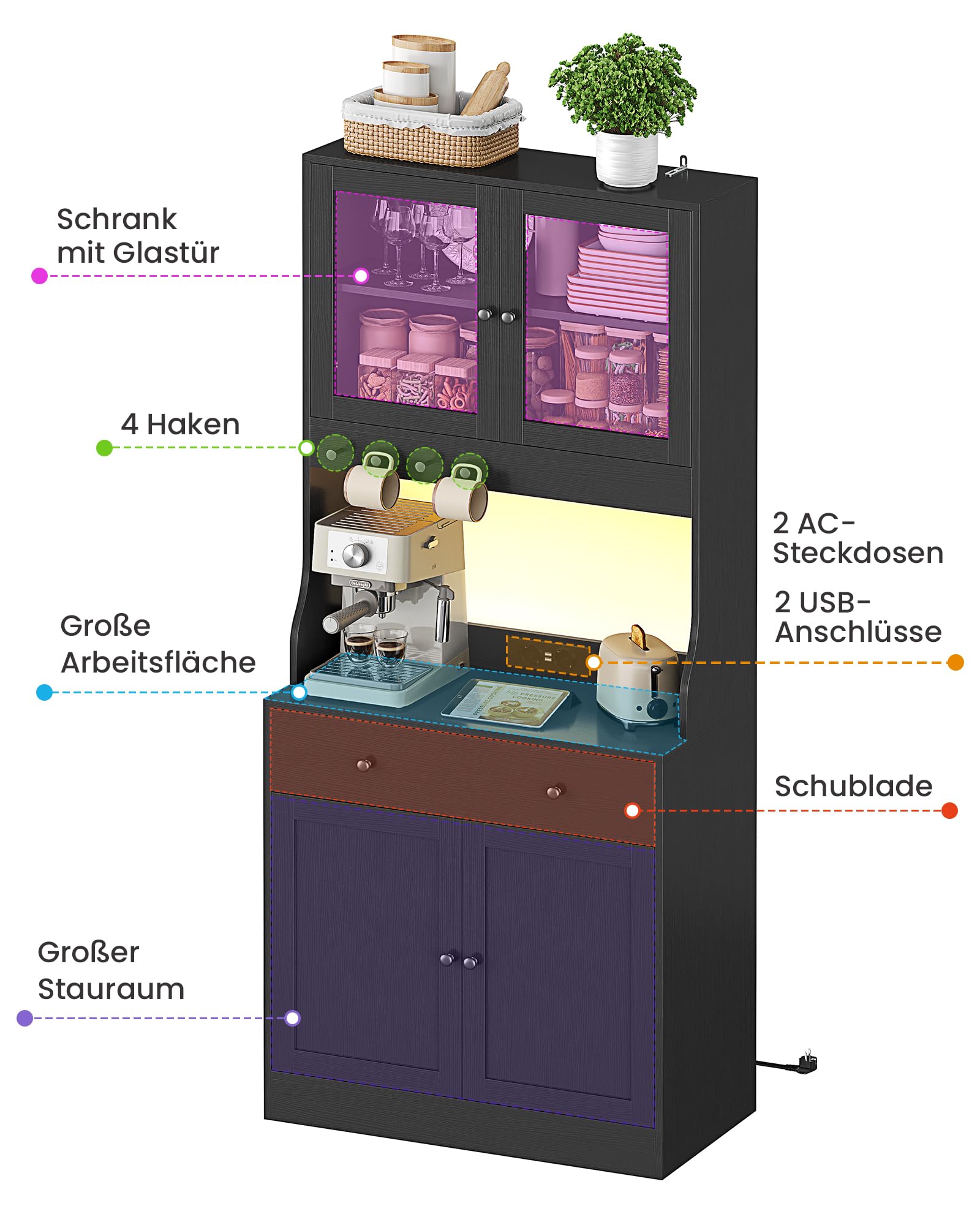 KIMENICH Küchenschrank mit Arbeitsfläche, Buffetschrank mit Schublade, Sideboard mit LED, Steckdose, Glasschranktür, Verstellbare Ablagen, Küche, Wohnzimmer, Esszimmer, Schwarz