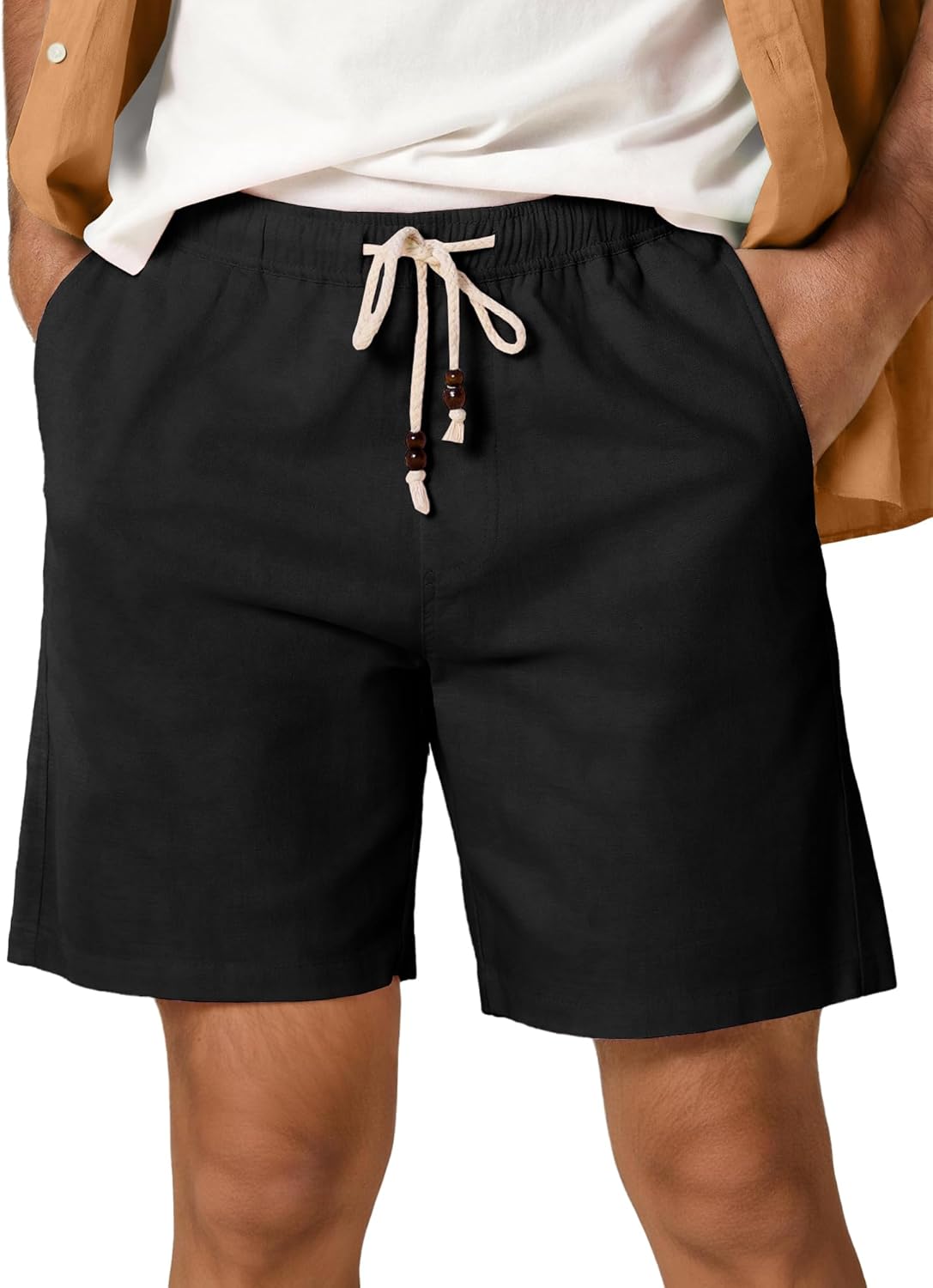 Comdecevis Mens Stretch Cotton Linen Easy Shorts 7" Casual Lightweight Summer Beach Shorts with Elastic Waist - Image 2