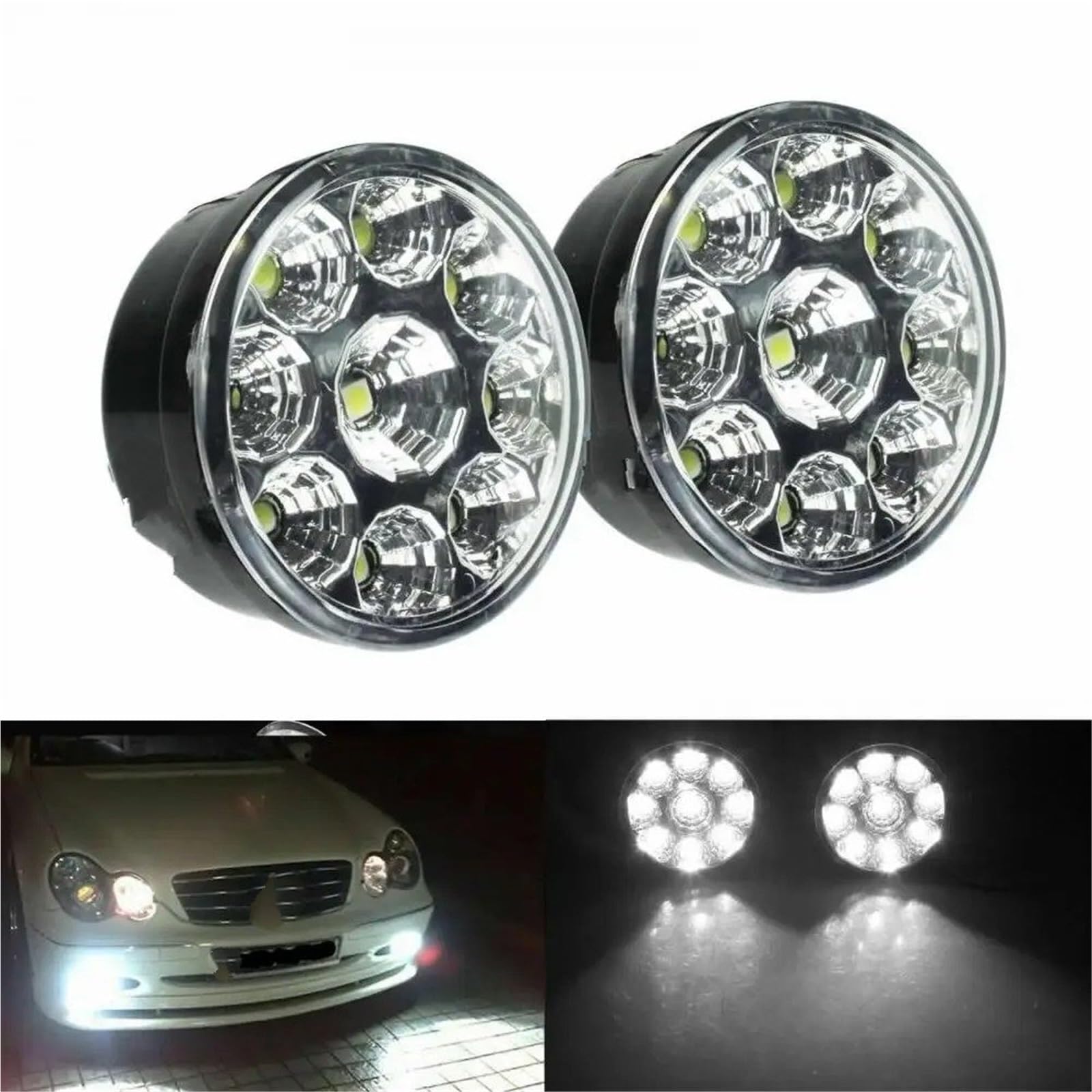 SANCAK Voiture Phare Avant 1 Paire Blanc 12V 9 LED Tête Ronde Brouillard Diurne Conduite Lumière DRL