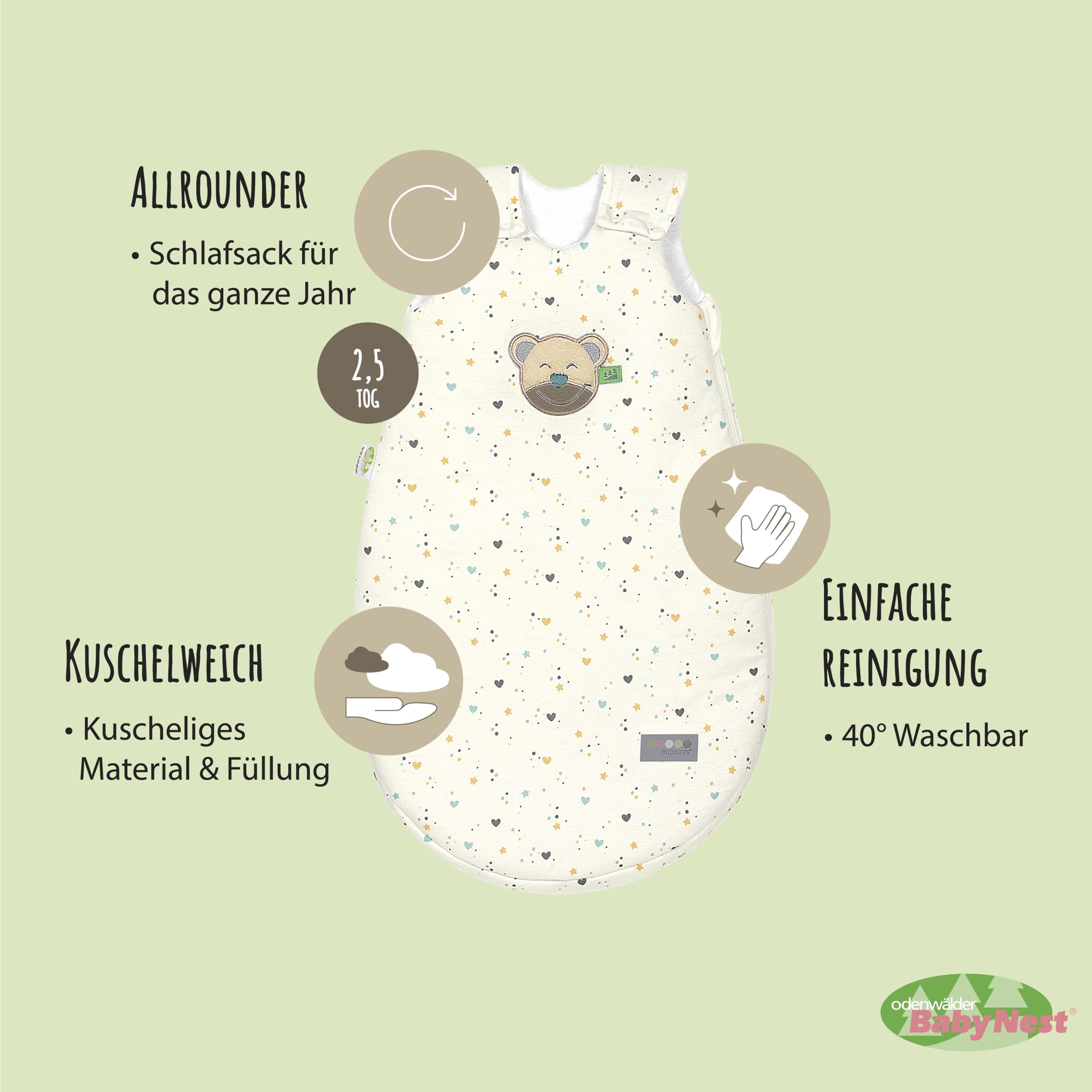 Odenwälder Baby Schlafsack mit Mucki® | Allrounder 2,5 TOG | Ganzjahres Schlafsack