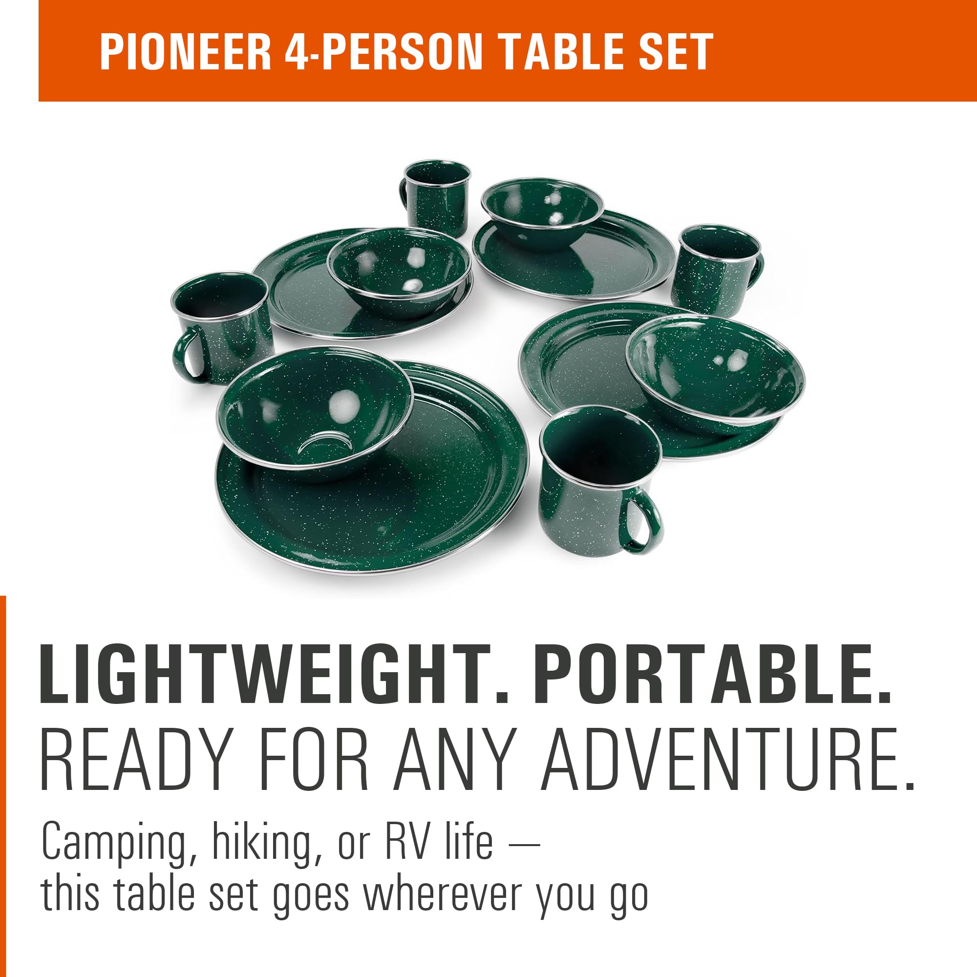 GSI Outdoors Pioneer Emaille 12 Stück (4 Personen) Geschirrset I Emaillegeschirr Geschirr inklusive Teller, Schüsseln und Tassen für Camping, Outdoor, Wohnmobil, Camp, Grün