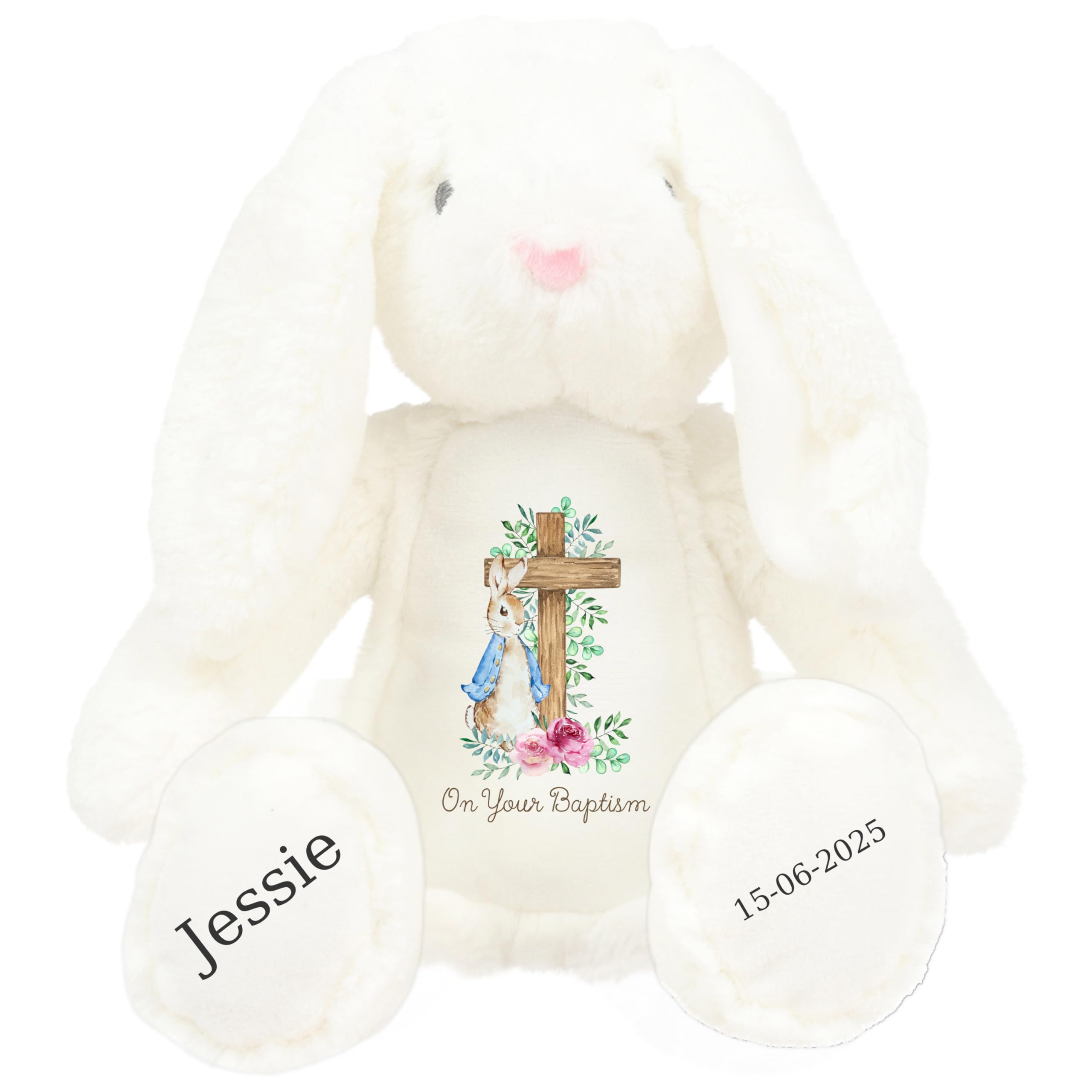 HotScamp Personalised Baptism Bunny with Name - Peter Cross Rabbit Pink Flowers On your Baptism Day Soft Toy for Baby, Child, Kids, Babies Christening Church Spring Time - Blue Letter White Bunny