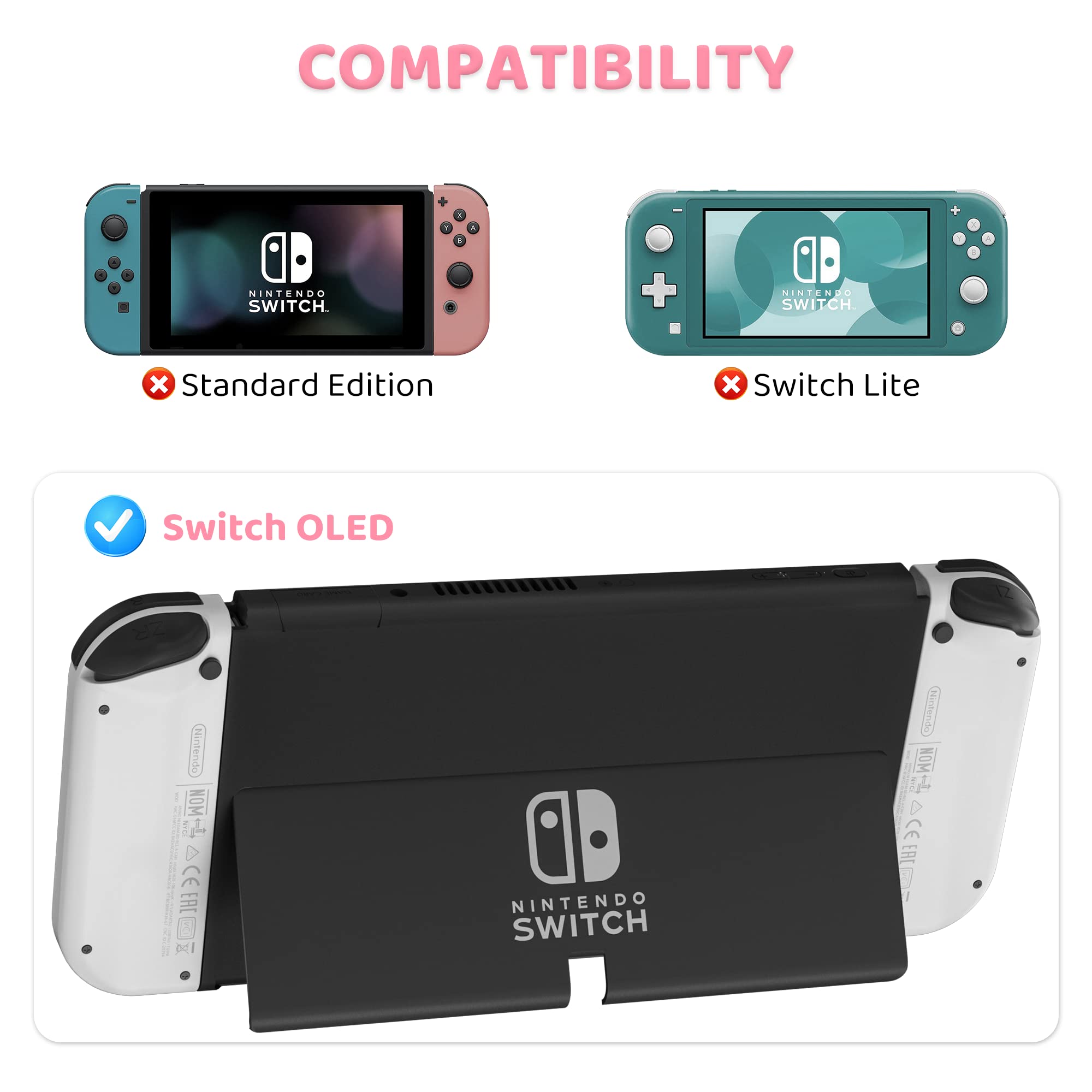 FANPL Custodia per Nintendo Switch OLED, custodia per interruttore OLED e controller Joy Con con custodia protettiva rigida e protezione schermo, 4 impugnature per pollice, tracolla (rosa)