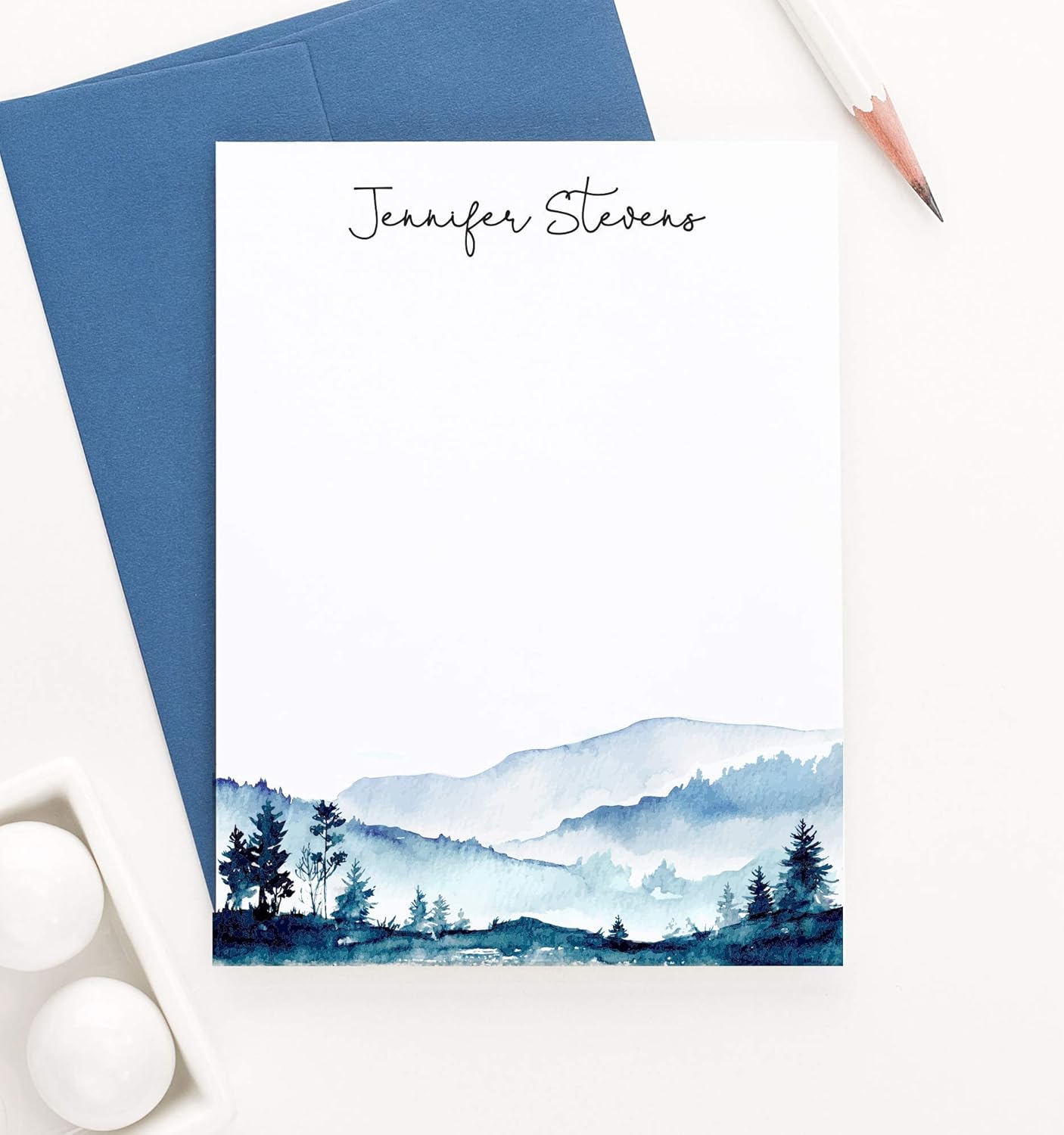 Personalized Mountain Stationery Set, Custom FLAT OR FOLDED Rustic Note Cards, Watercolor Stationery with Envelopes, Your Choice of Colors and Quantity