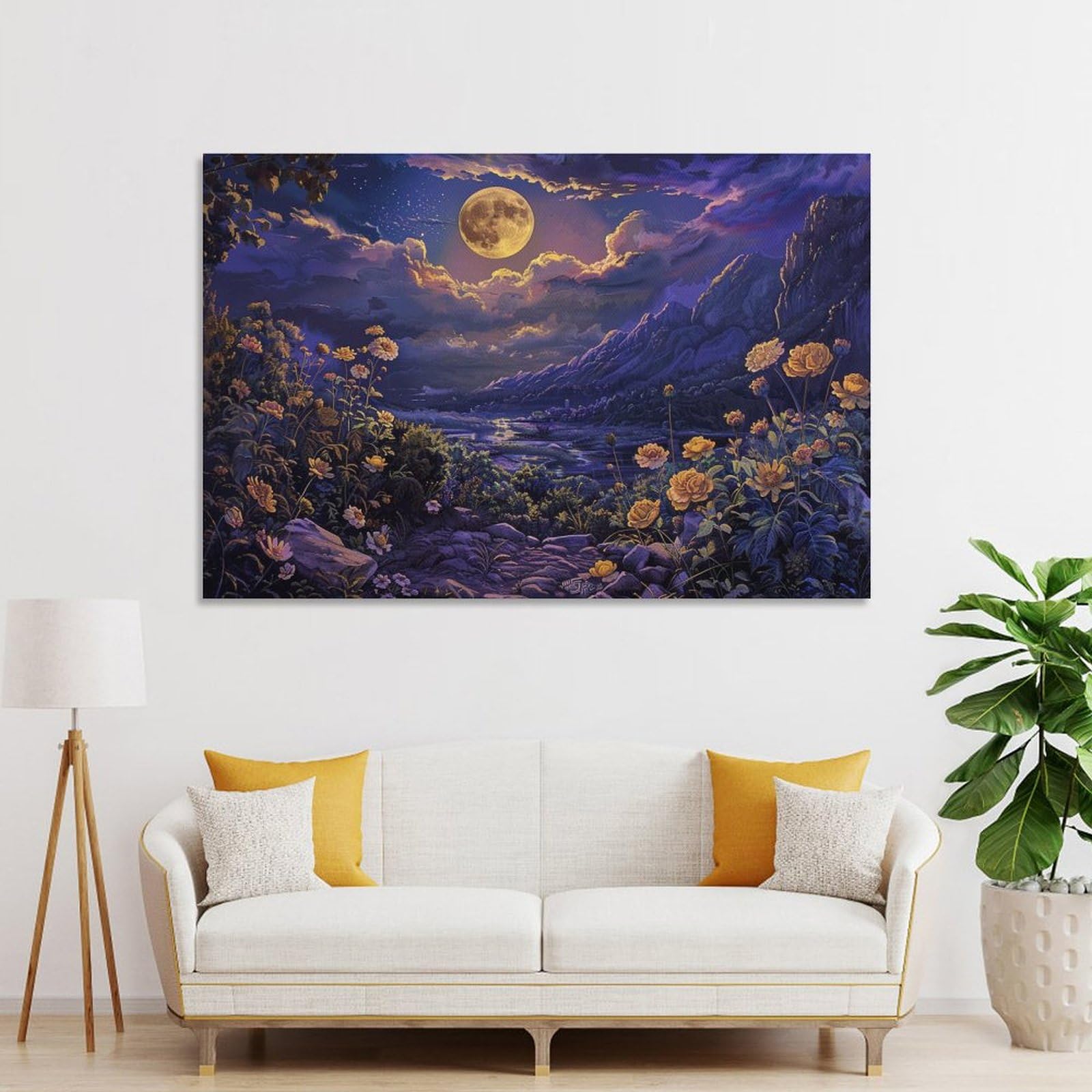 Amazon.co.jp: 絵画 月明かりに照らされる谷の花々インテリア 絵画