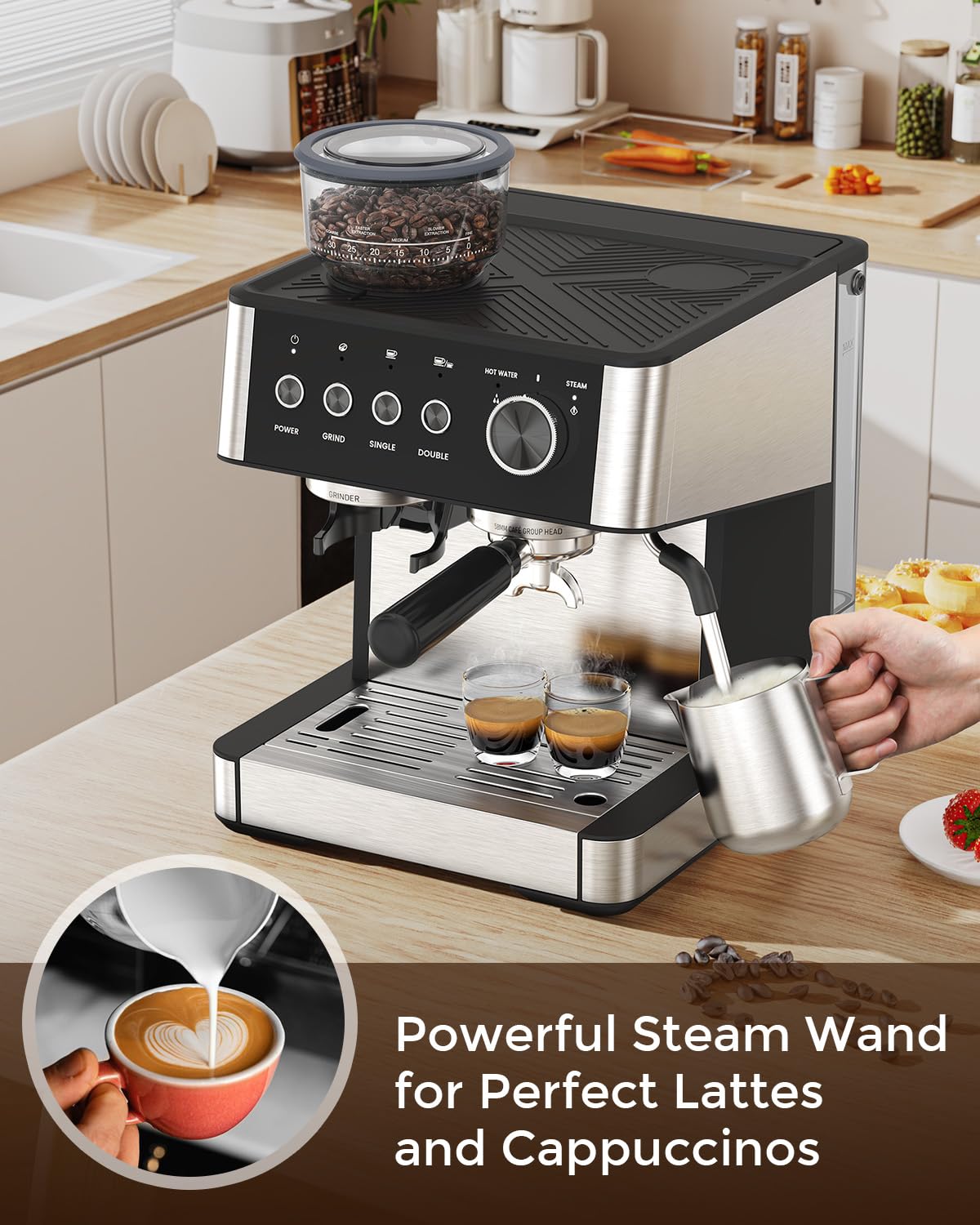 Electactic (Máquina de café espresso mejorada 2025 con amoladora, cafetera espresso profesional de 20 bar con diseño antiobstrucción, barra de vapor integrada para espumador de leche