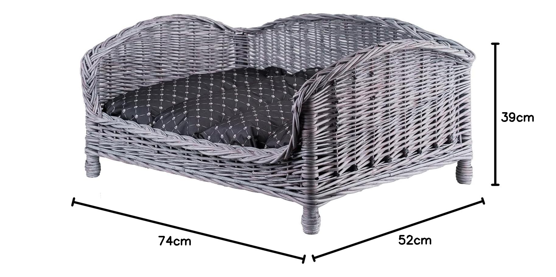 Tierkorb Hundekorb Lager aus Weide für Hund Katze mit weichem Kissen Liegestuhl für Tiere Katzenlager Hundlager Hundebett Katzenbett (Grau_Schwarz1, 54x32 H25)