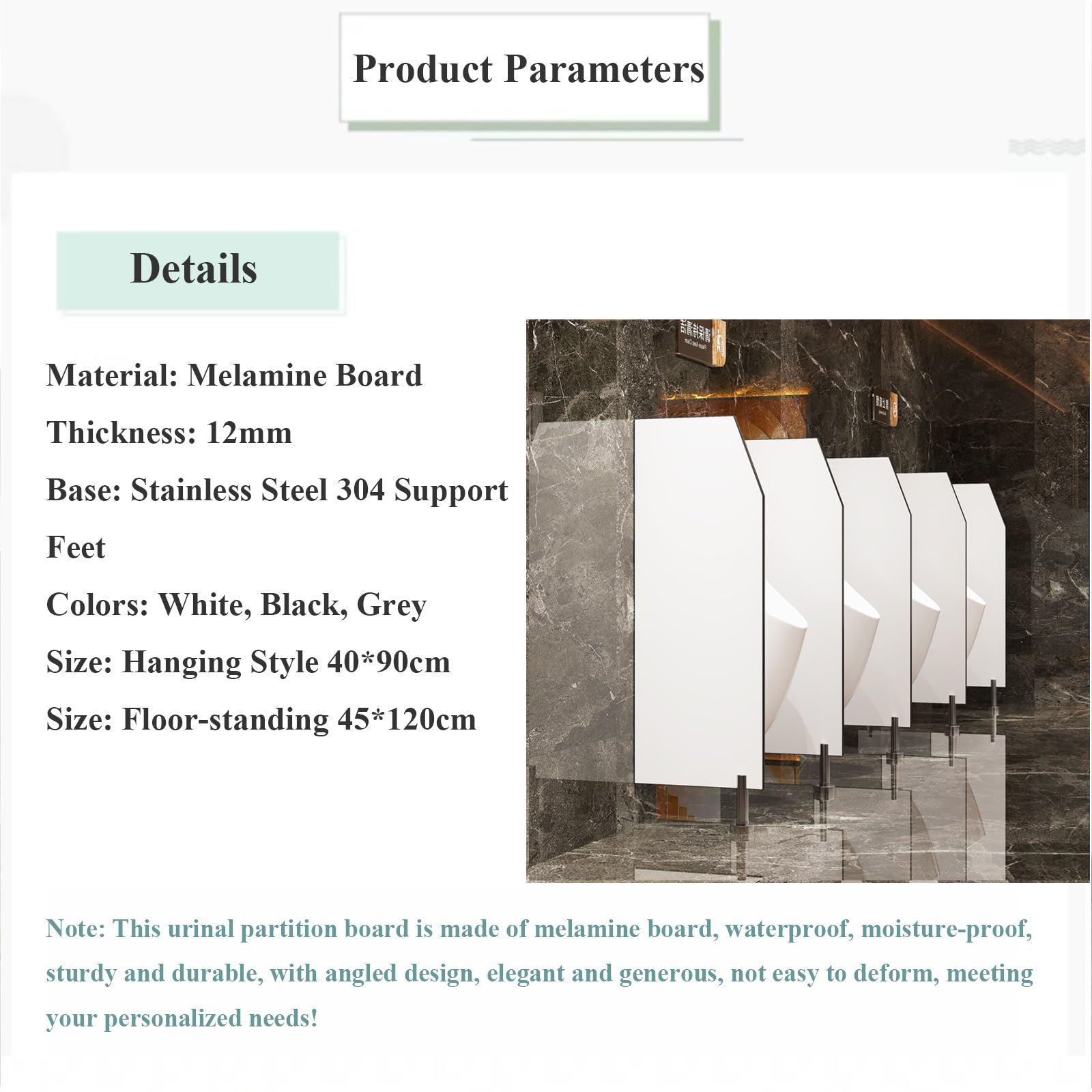 Mampara divisoria de privacidad para urinarios en baños de Hombres en hoteles, Estaciones y Bares, con herrajes de Acero Inoxidable.
