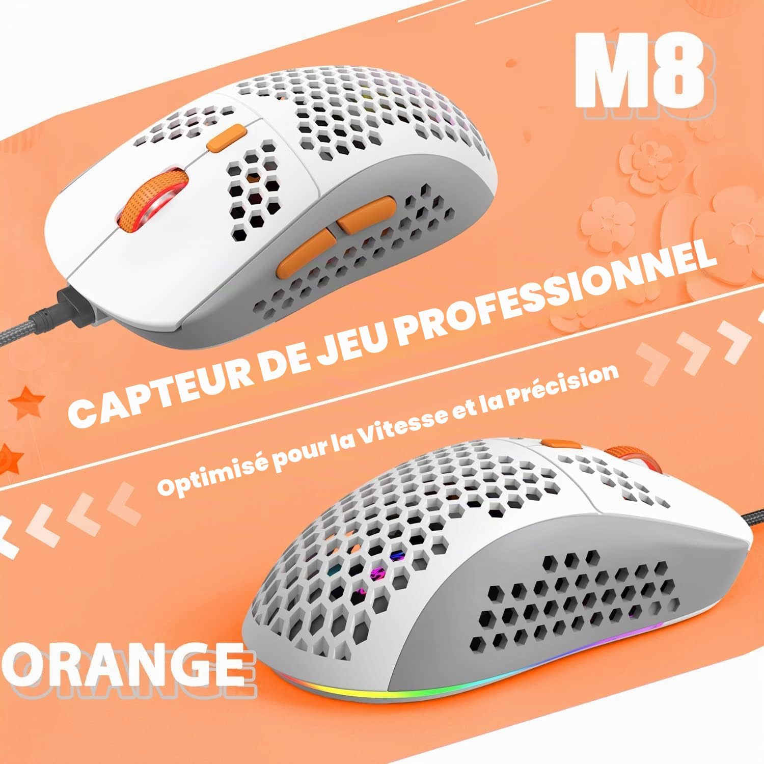 YINDIAO T8 Combos Clavier et Souris de Jeu 60% RVB + Câble USB C Spiralé,Clavier Mécanique Filaire,Disposition Compacte 68 Touches TKL,Souris en Nid d'abeille,Jusqu'à 6400 DPI,pour PC PS5,Gris Clair