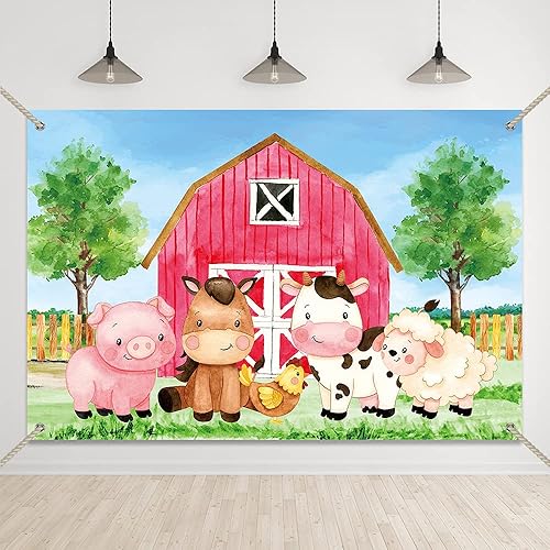 Bellimas - Fondo de dibujos animados de animales de granja para fiesta de granero, puerta de granero roja, cielo azul, fondo de cumpleaños