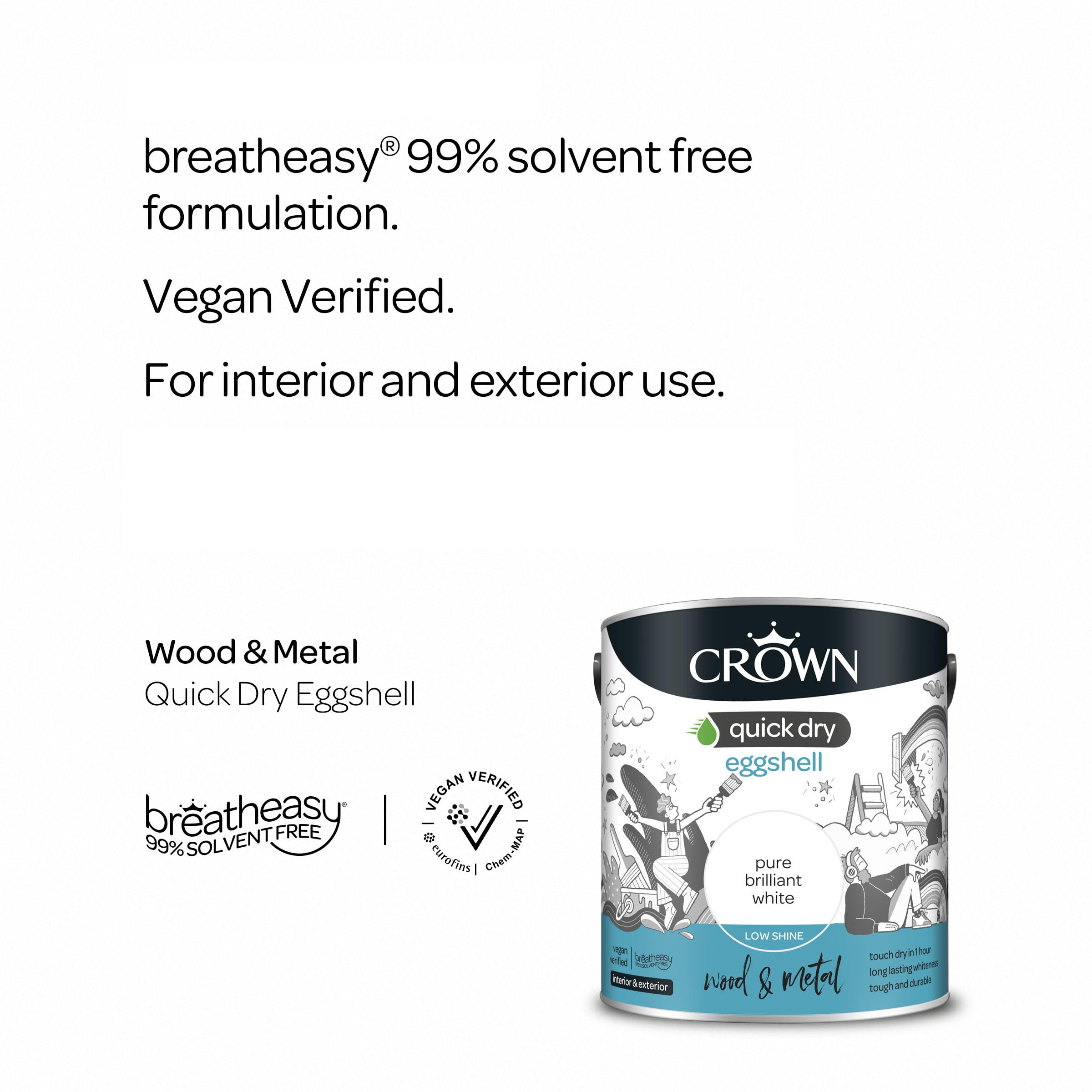 Crown Pintura de secado rápido de cáscara de huevo blanco puro brillante 2,5 l, madera y metal, I nterior exterior