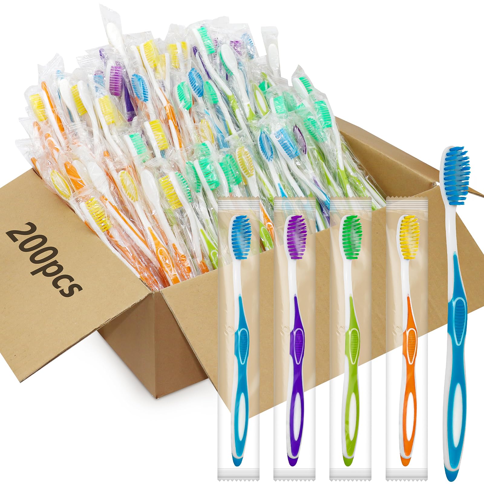 200 spazzolini da denti usa e getta, confezionati singolarmente, colorati, da viaggio, per donazioni in hotel, viaggi, senza casa (4 colori)