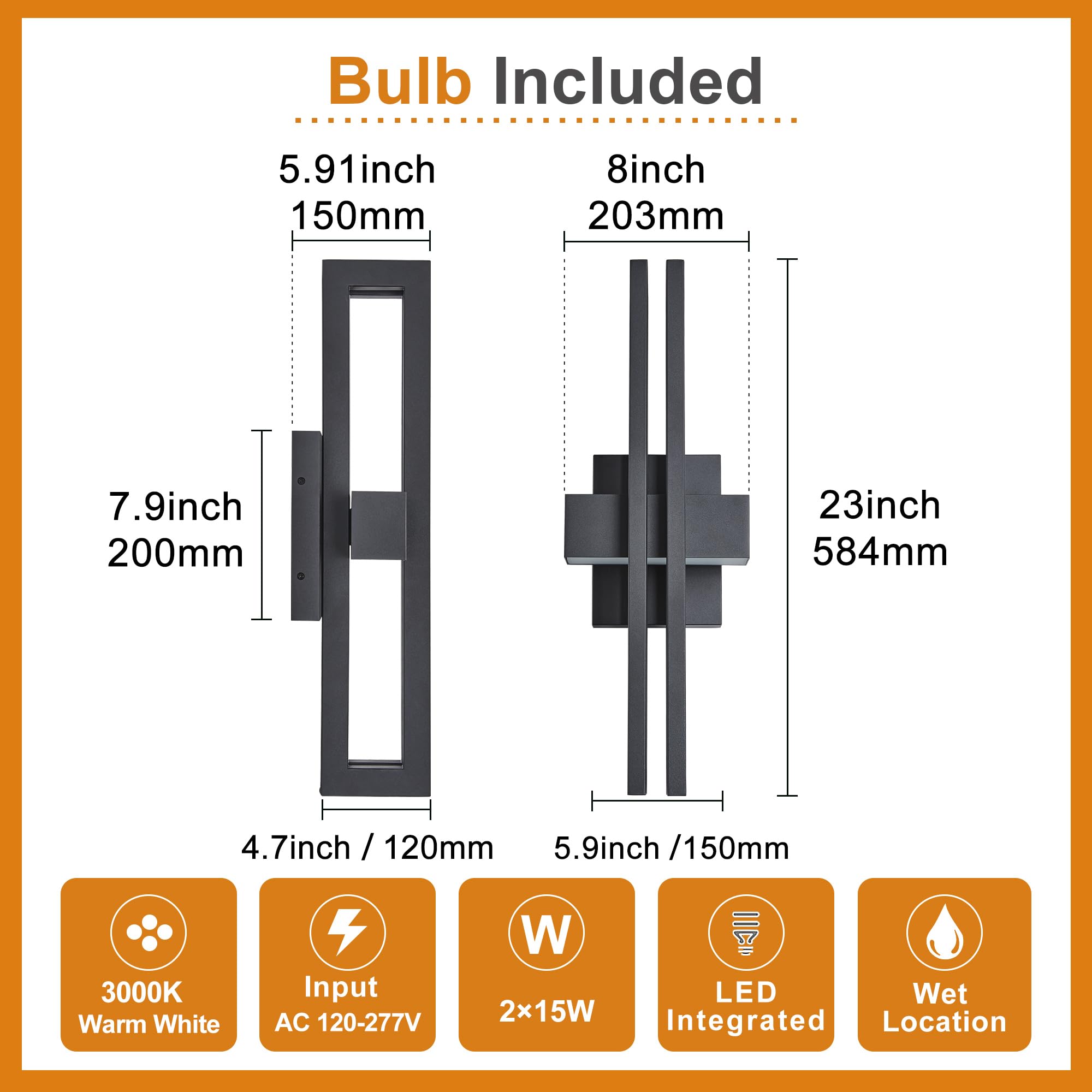 23Inch Large Modern Minimalist Outdoor Wall Light IP65 Waterproof 3000K Warm White 2x15W Integrated LED Textured Black Finish — view 5