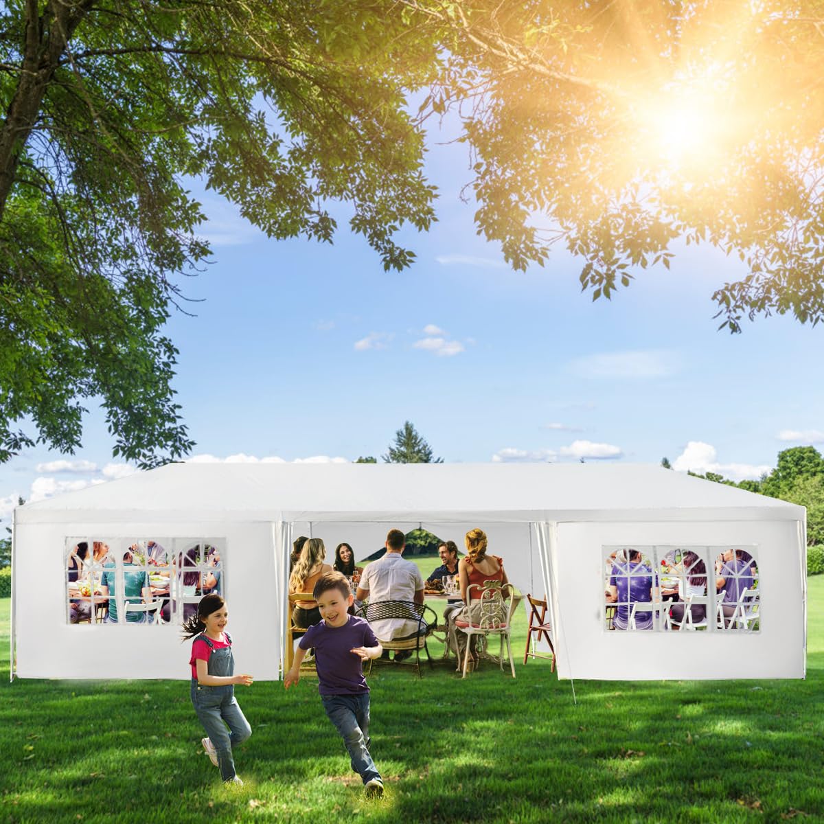 GOPLUS Carpa de jardín de 3x9 m, Cenador Plegable Impearable con Estructura metálica, Lona de PE, 6 Paneles Laterales Desmontables y 2 Entradas, Pabellón Exterior para Bodas, Fiestas (Blanca, 9x3m) | Tienda de Jardín para Cerveza con 2 Puertas con Cremall