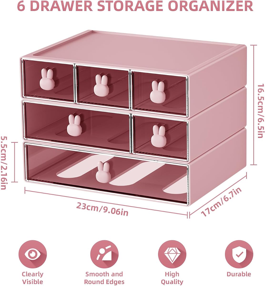 Organizador de escritorio Marbrasse con 6 cajones, cajones de almacenamiento apilables de 3 niveles Almacenamiento de maquillaje de plástico, organizadores y almacenamiento de oficina, caja de almacenamiento de escritorio para oficina, escuela, hogar Rosa
