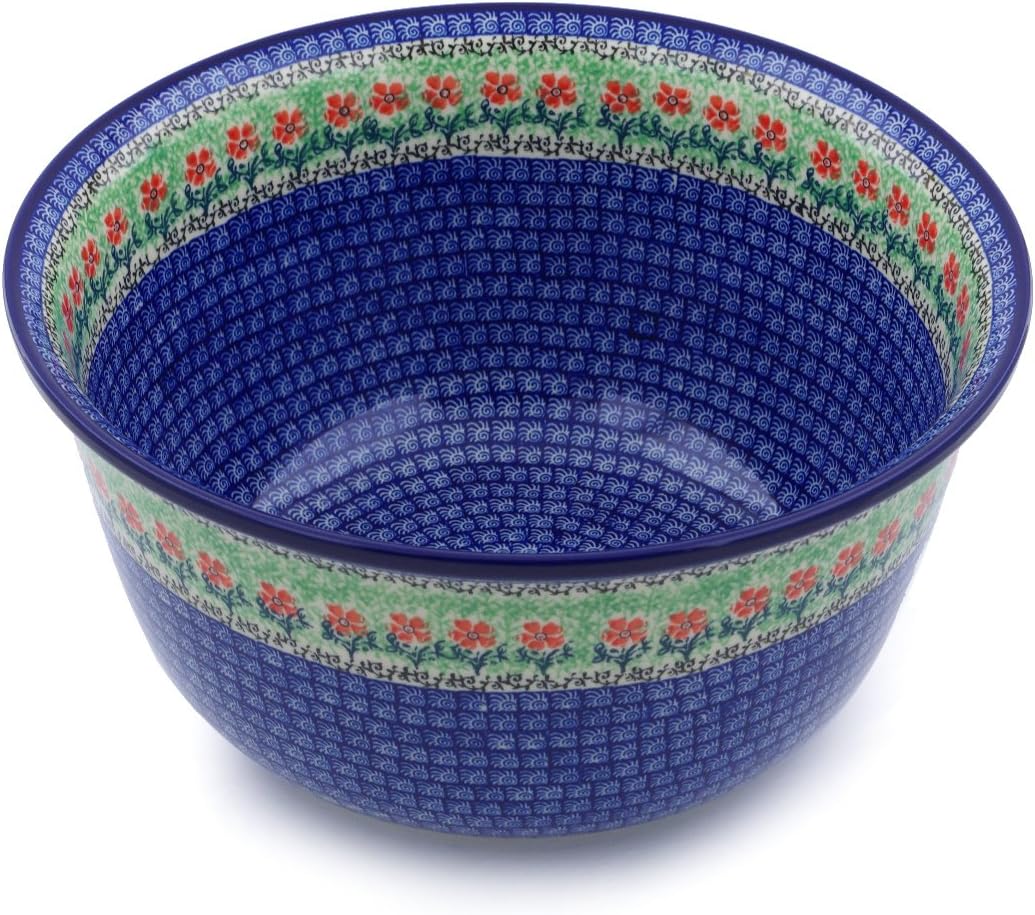 Polmedia Polish Pottery Mixing Bowl 12-inch - Maraschino Pattern Handmade in Boleslawiec Poland by Ceramika Artystyczna + Certificate of Authenticity