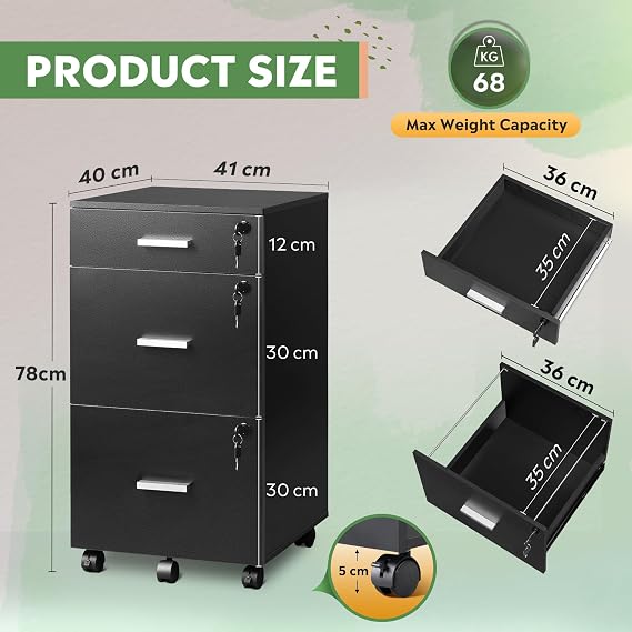 DEVAISE 3 Drawers Filing Cabinet, Lockable File Cabinet, Under Desk Drawers with Storage, Wood Fits Letter / A4 Size for Home Office, Carbon Black