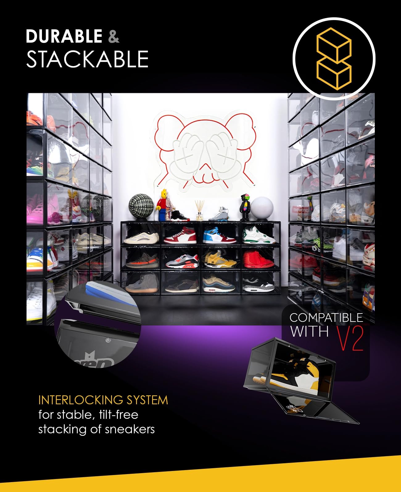 Crep Protect Transparente Schuhbox mit LED - Crates 3.0 Stapelbare Sneaker Aufbewahrungsbox mit Magnetischer Frontklappe, Schuh Organizer & Display Box, UV-Schutz, Für High-Tops bis EU 47